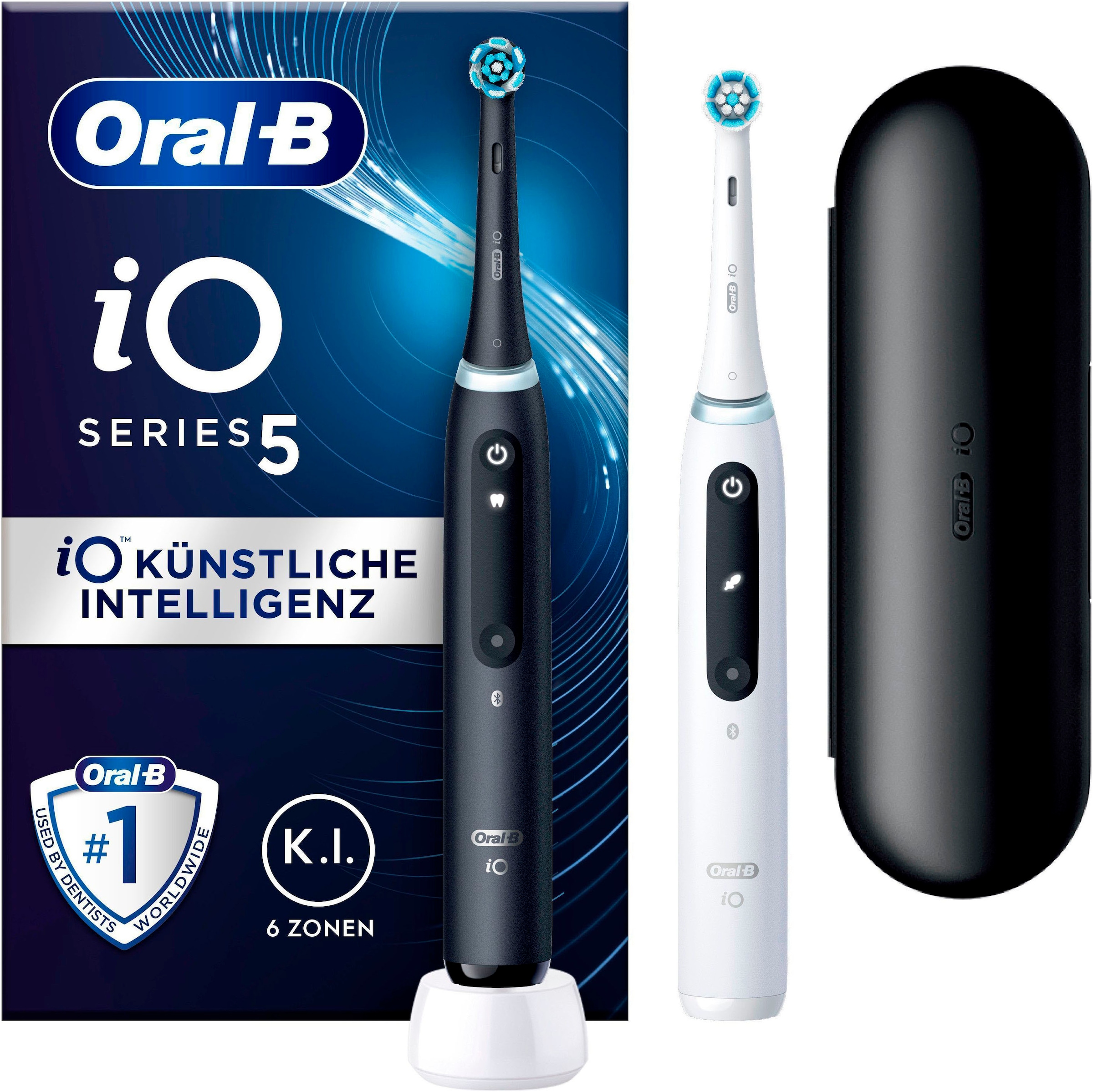 Image of Oral-B Elektrische Zahnbürste "iO 5 Duopack" 2 Stk. Aufsteckbürsten mit Magnet-Technologie, LED-Anzeige, 5 Putzmodi, Reiseetui