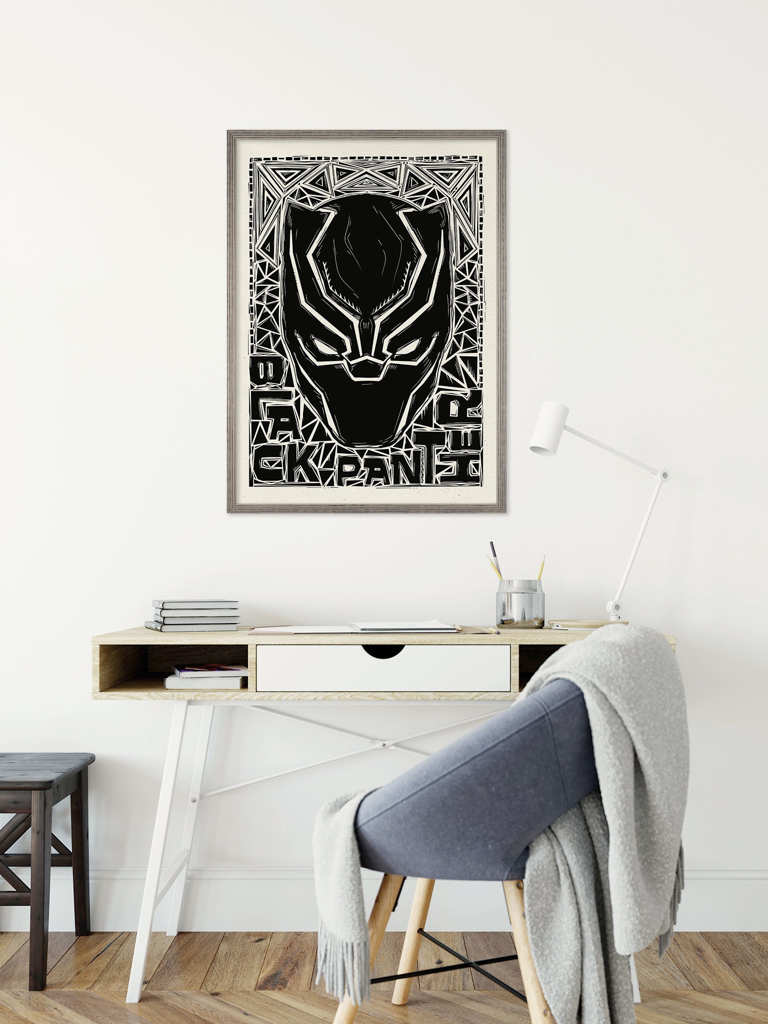 Image of Komar Wandbild "Marvel Black Panther Lino-Cut Helmet" Disney Set, 1 Stk. tlg. 40 x 50 cm (Breite x Höhe) - Kinderzimmer, Dekoration