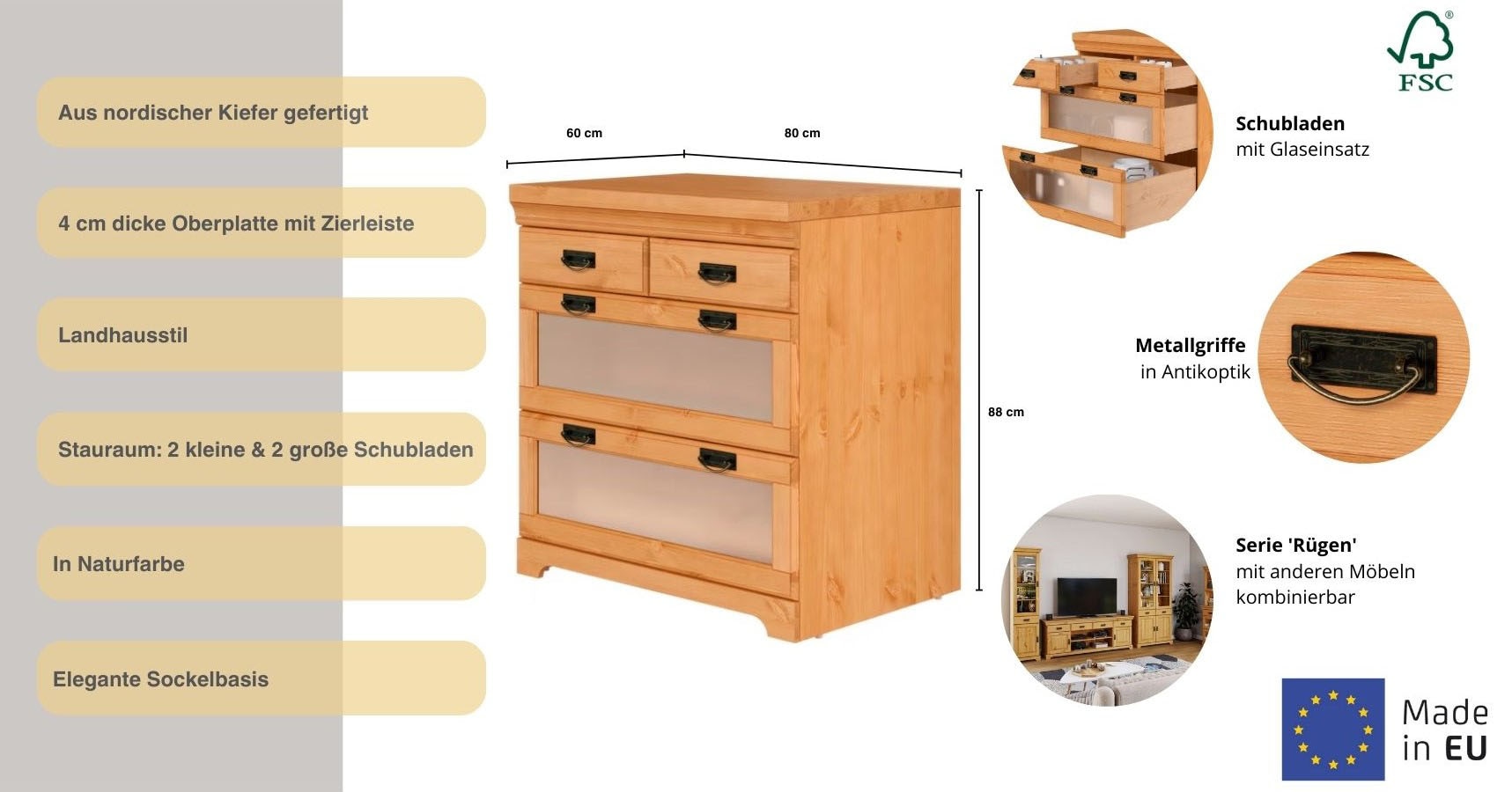 Home affaire Kommode »Rügen« zertifizietes Massivholz, mit Schubkasten und Glaseinsatz