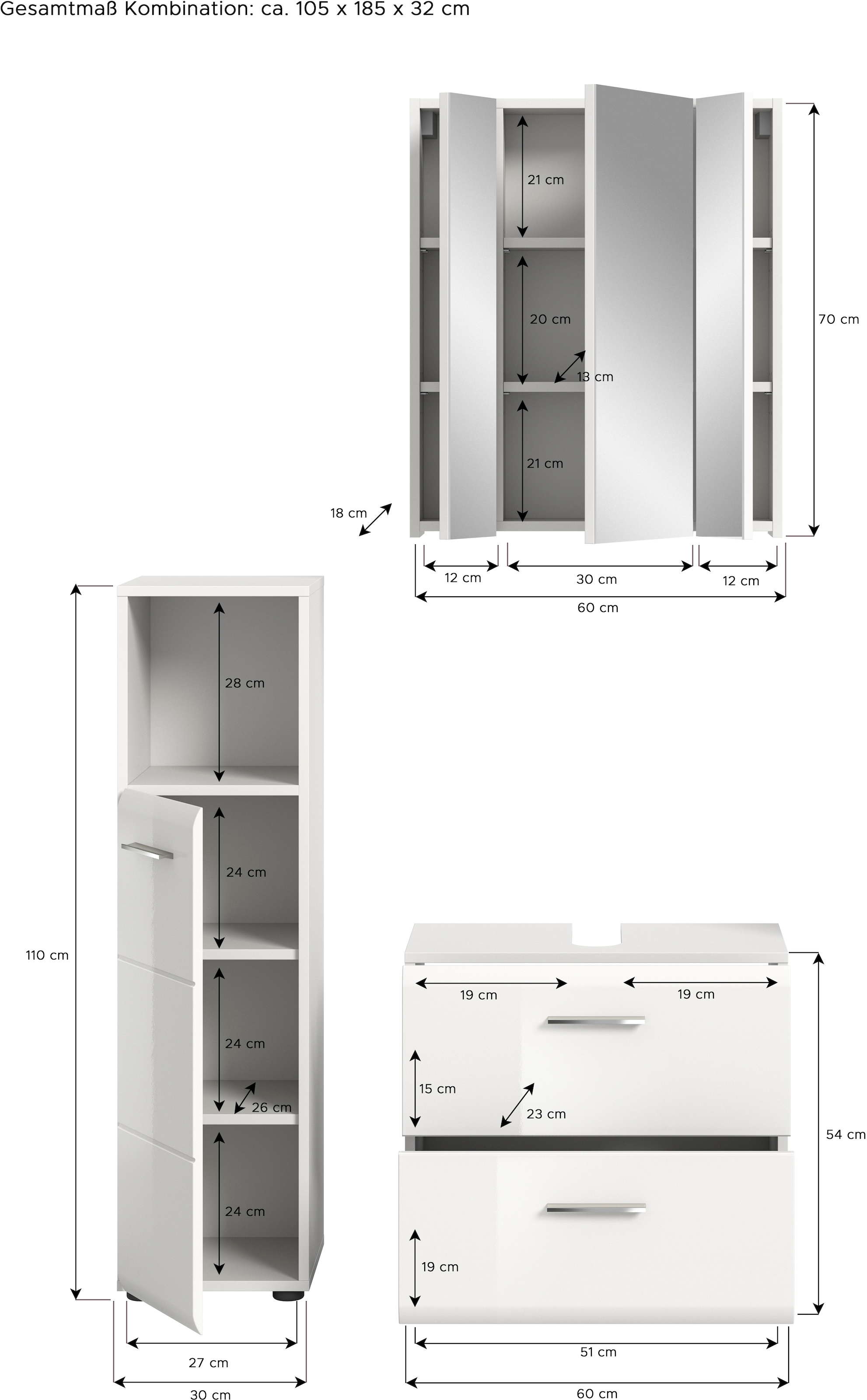 INOSIGN Badmöbel-Set »FLORENZ, TOPSELLER!, 3-teilige Badkombination, hochwertige MDF-Front« best. aus: Midischrank hoch, Waschbeckenunterschrank, Spiegelschrank, 