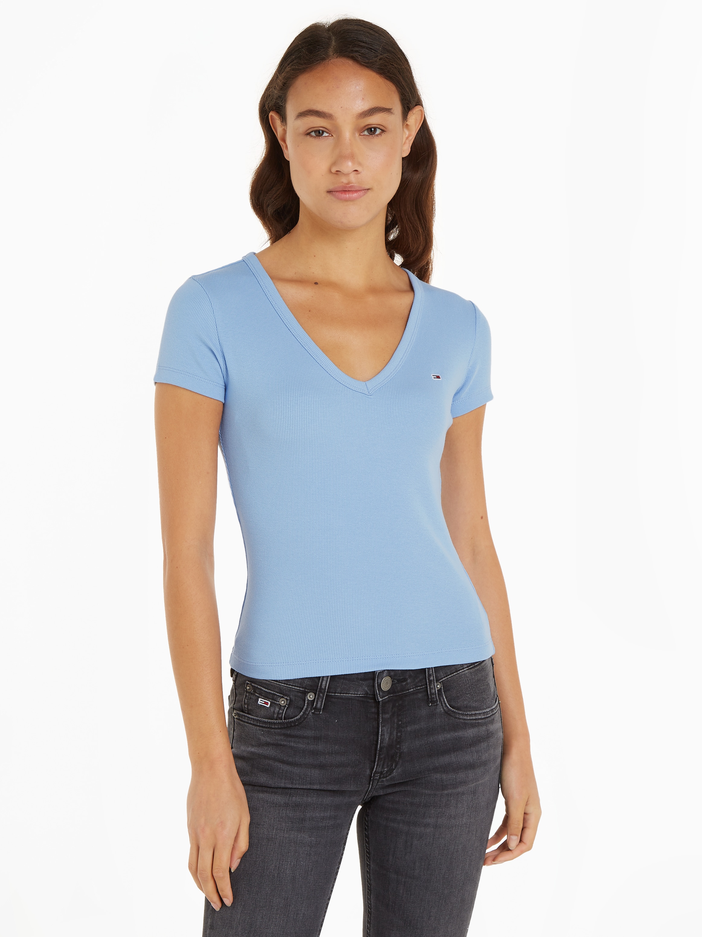 T-Shirt »Slim Essential Rib V-Neck Rippshirt«, mit Logostickerei