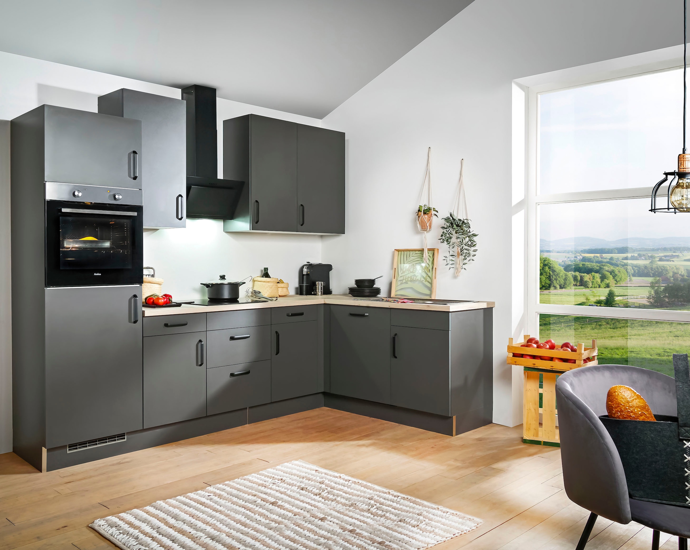 wiho Küchen Winkelküche »"Simi", mit verstellbaren Füssen, wahlweise mit E-Geräten« Soft-Close-Funktion in Schubkästen & Auszügen, Stellbreite 285/175 cm
