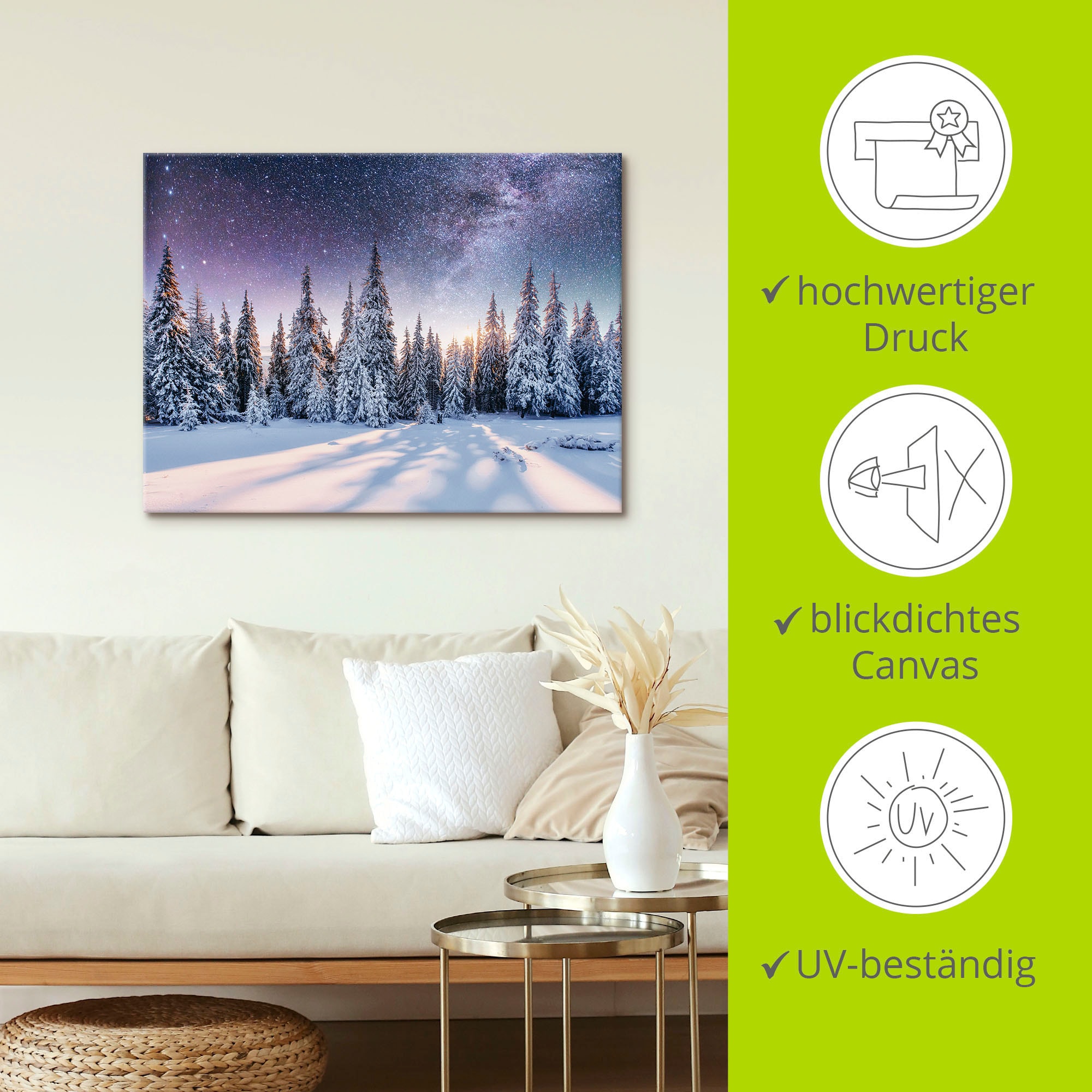 Artland Wandbild »Tannenwald im Schnee vorm Sternenhimmel«, Berge & Alpenbilder, (1 St.), als Alubild, Outdoorbild, Leinwandbild, Poster in verschied. Grössen