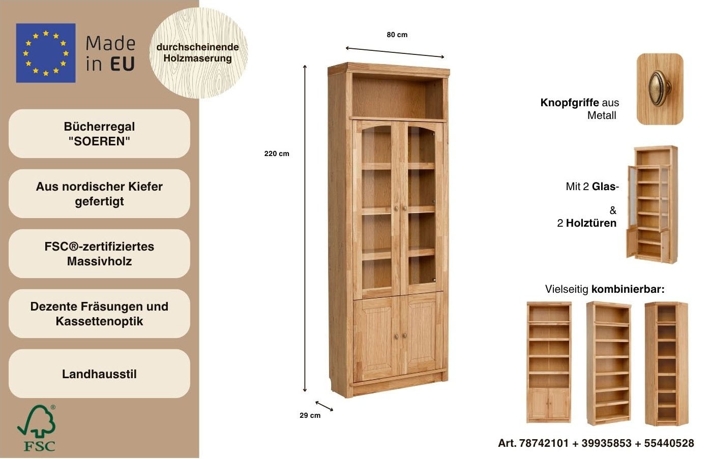 Home affaire Bücherregal »Soeren« Tiefe 29 cm, Höhe 220 cm, 4 Türen,  FSC®-zertifiziert