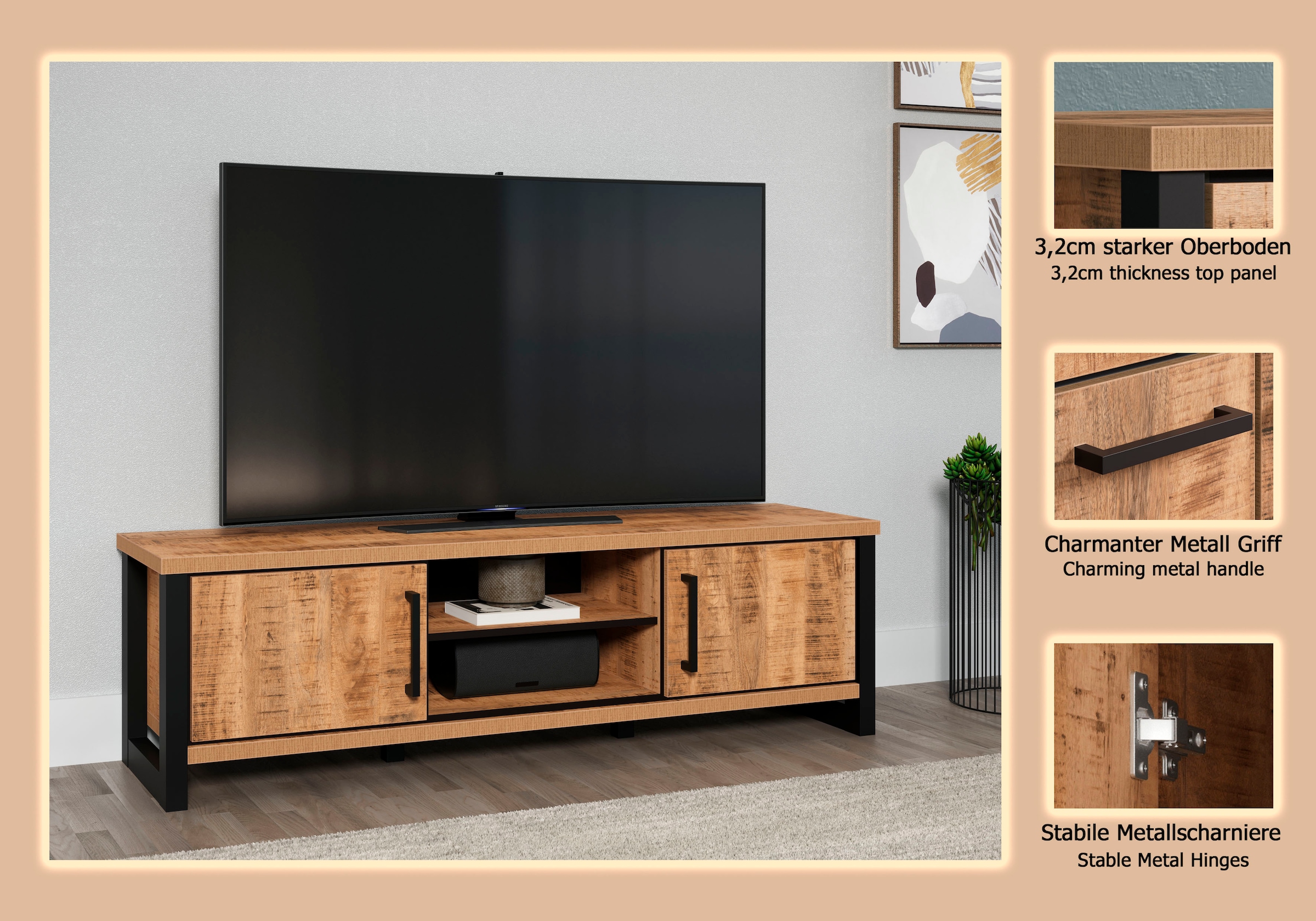 Home affaire Lowboard »Elda« 1 Stk. tlg. TV Lowboard mit 2 Türen und 2 offenen Fächern – (B/T/H) 166/45/50 cm