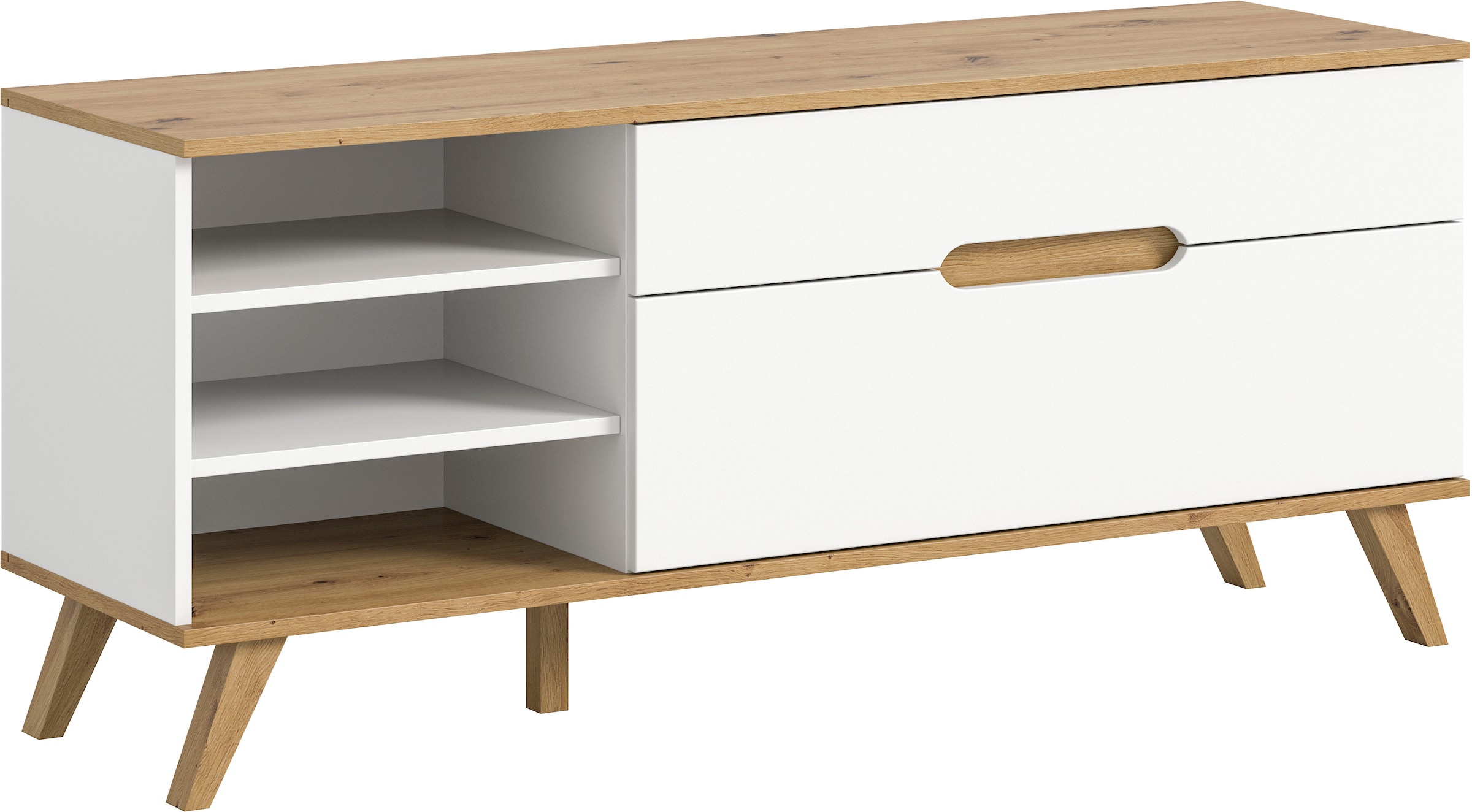 Home affaire Lowboard »Alesund, Breite 140 cm, 1 Klappe, 1 Schubkasten, konischer Fuss«, Scandi-Look, TV-Möbel, TV-Schrank, TV-Lowboard, Mediaboard, Wohnmöbel