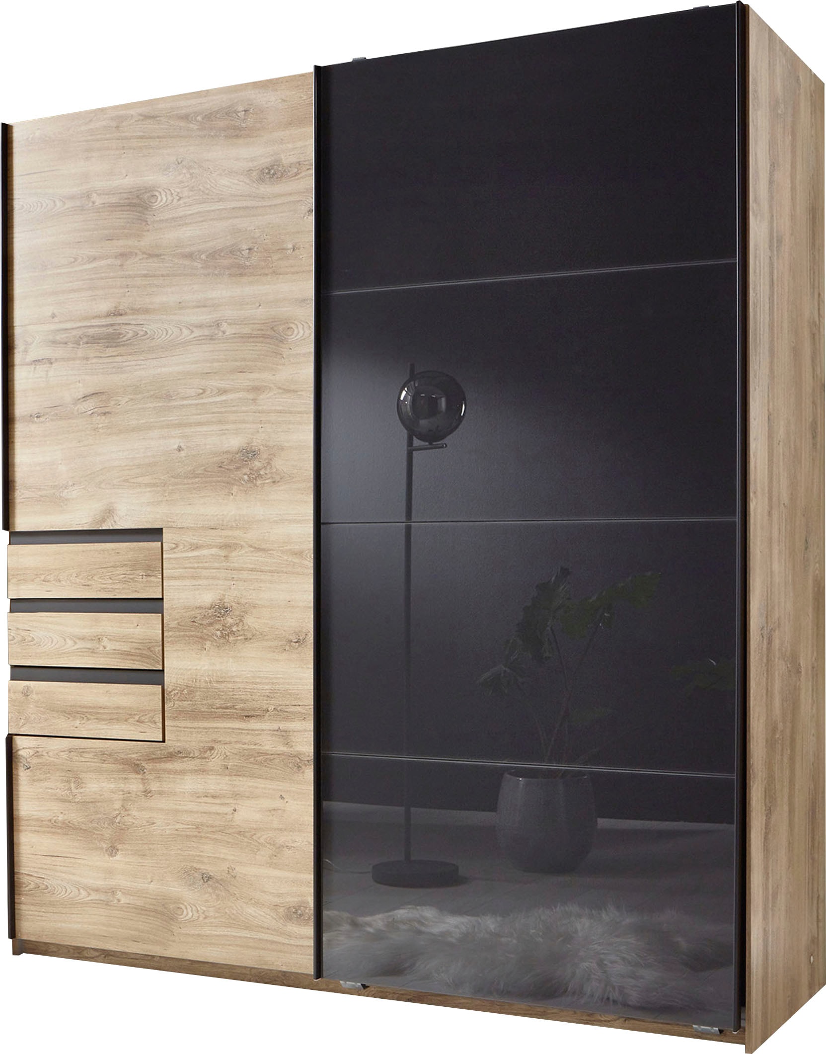 Image of Wimex Schwebetürenschrank "Oldenburg, Kleiderschrank mit Glaselementen in schwarz, 3 Schubladen" B/T/H: 180/64/198cm, inklusive geräumigen Innenleben, Made in Germany, mit Glaselementen