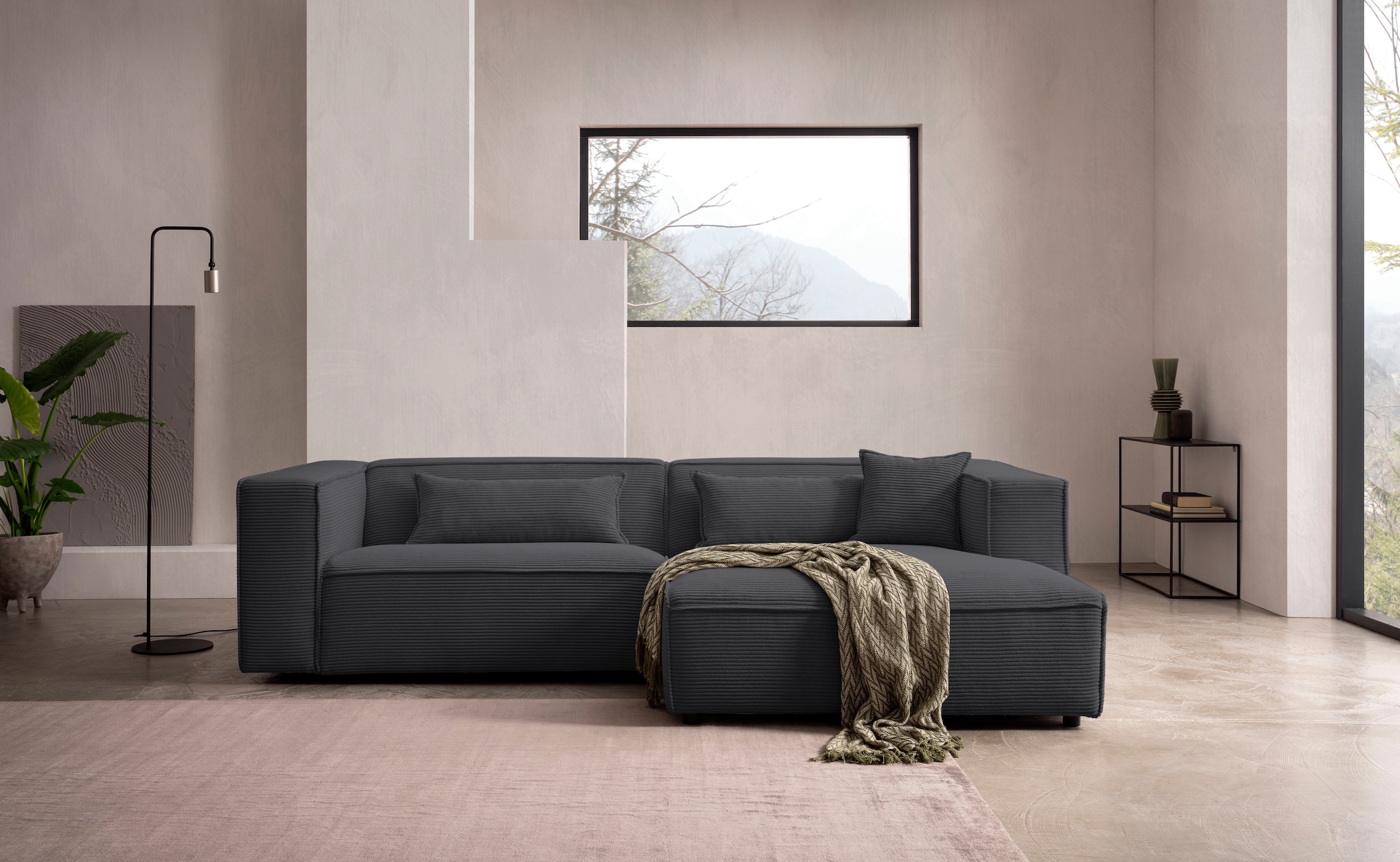 LeGer Home by Lena Gercke Canapé d'angle »PIARA mit Kedernaht, Cord, Leinenoptik o. Strukturstoff, Couch, L-Form« wahlweise Ottomane rechts/links, schwarze Füsse, bequemer Sitzkomfort