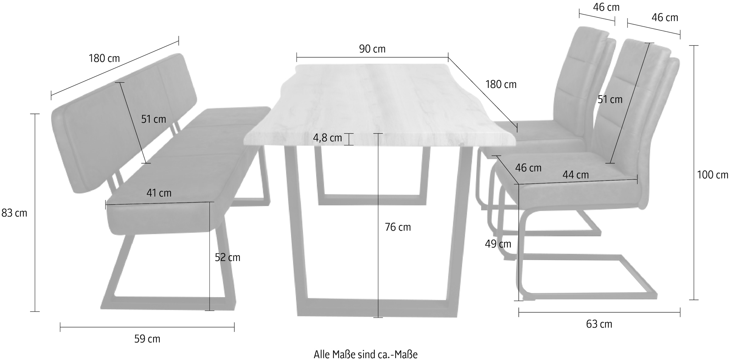 Duo Collection Ensemble de salle à manger »Esszimmergruppe Thea & Tara & Marga Bank« Ensemble, , 4 cuis tlg. Table à chant de bois, chaises avec ressorts ensachés, structures métalliques robustes