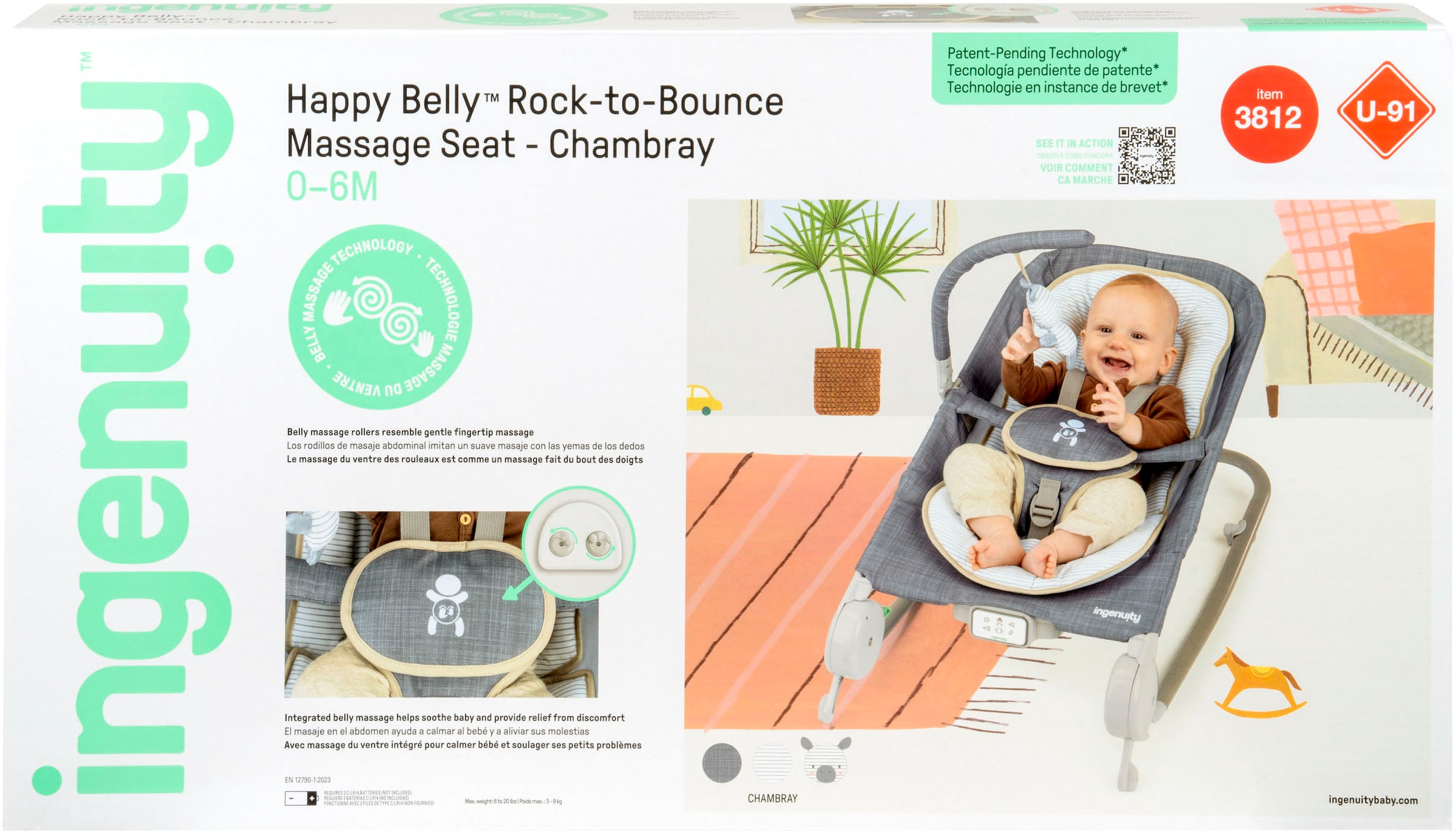 ingenuity Babywippe »Happy Belly™ Rock-to-Bounce Massage Seat - Chambray« bis 9 kg mit Melodien und Geräuschen