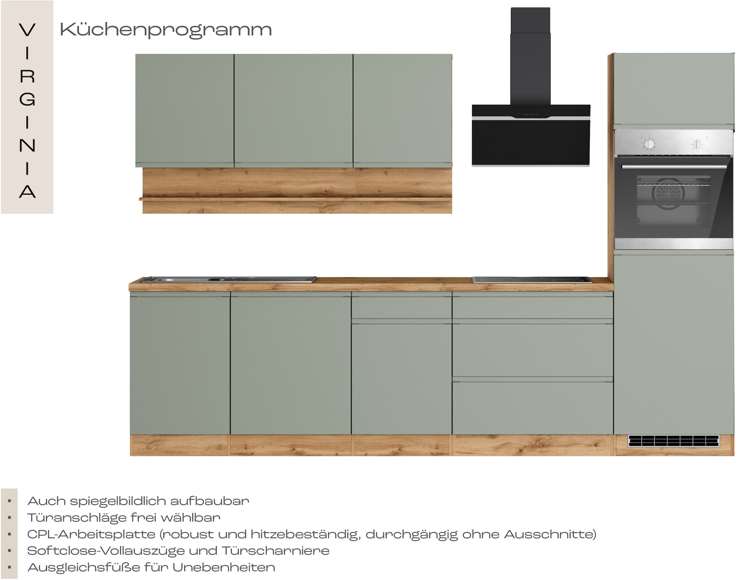 KOCHSTATION Küchenzeile »KS-Virginia,neu in verbesserter Ausführung« Arbeitsplatte 38 mm stark, Stauraum, Softclose,  Breite 300 cm, Soft-Close, wahlweise mit E-Geräten
