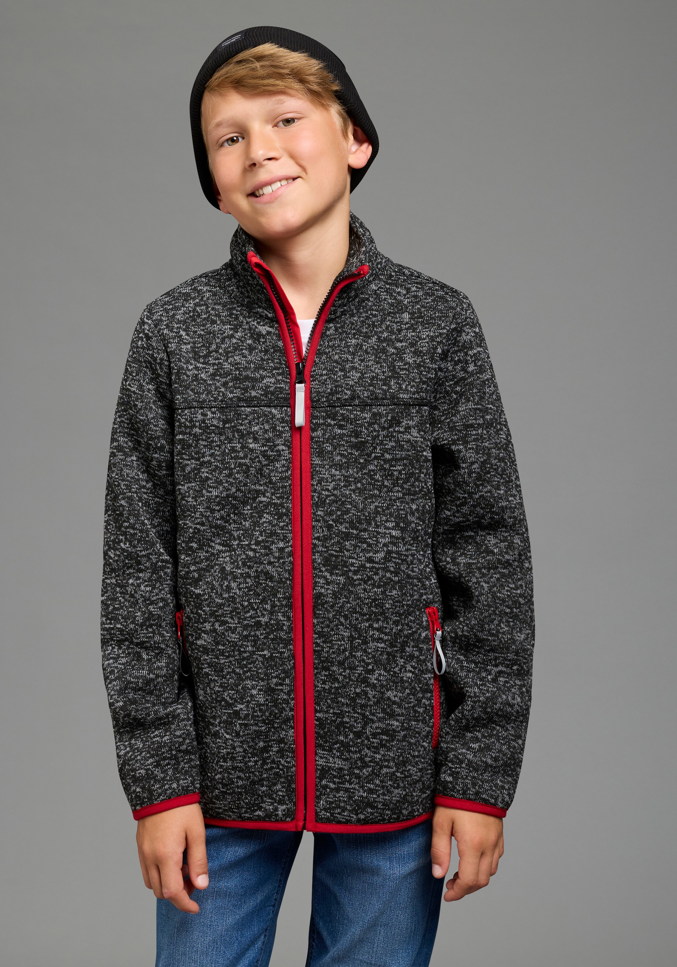 H.I.S Sweatjacke "Fleecejacke von H.I.S in schöner melierter Qualität" Stehkragen-Jacke mit Kontrastpipings, aus Fleece