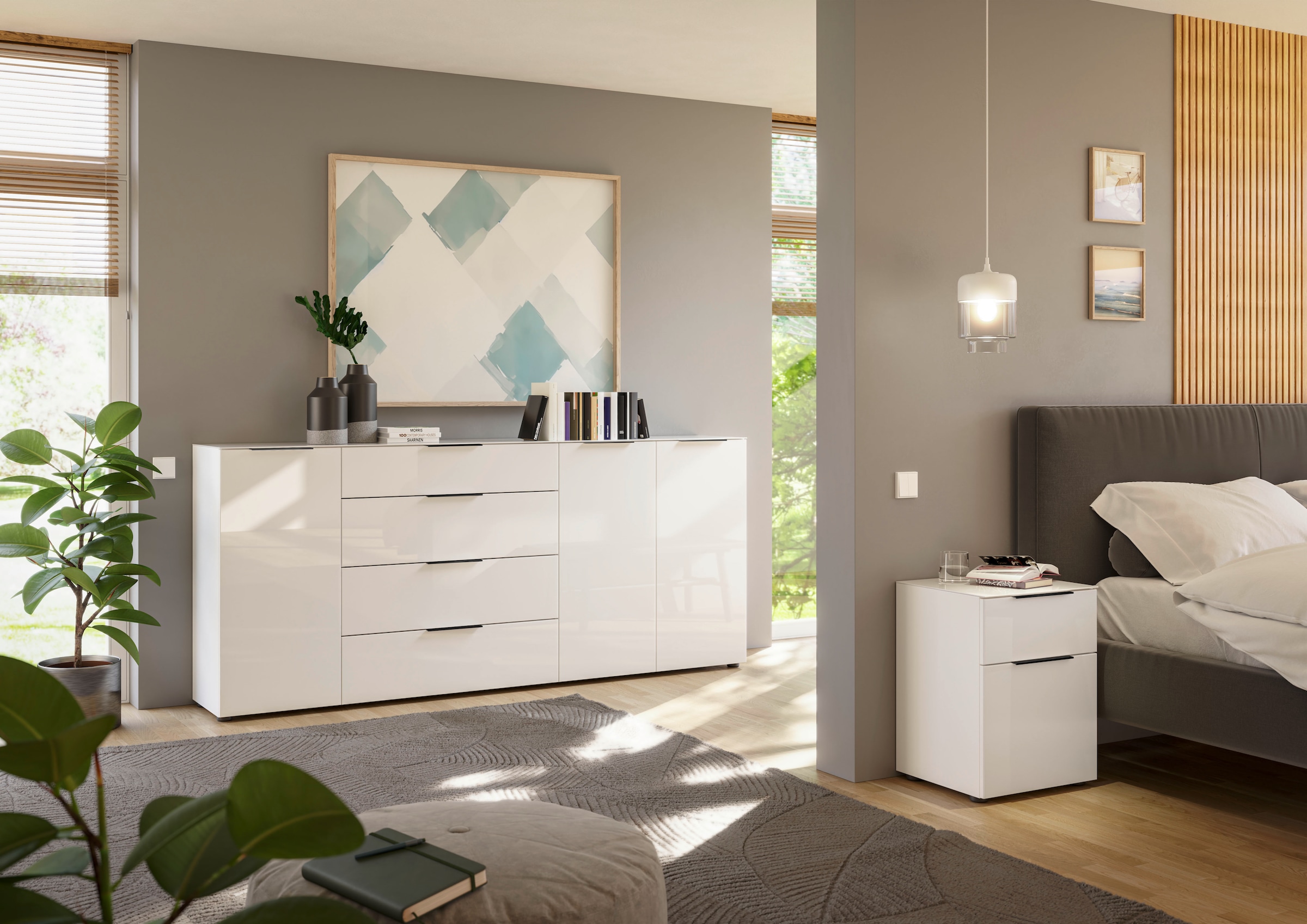 Manjana Möbel Nachtkommode »mit Chrom oder Schwarz matten Metallgriffen« mit Glasfronten, melaminbeschichtete Oberfläche, mit Vollauszug