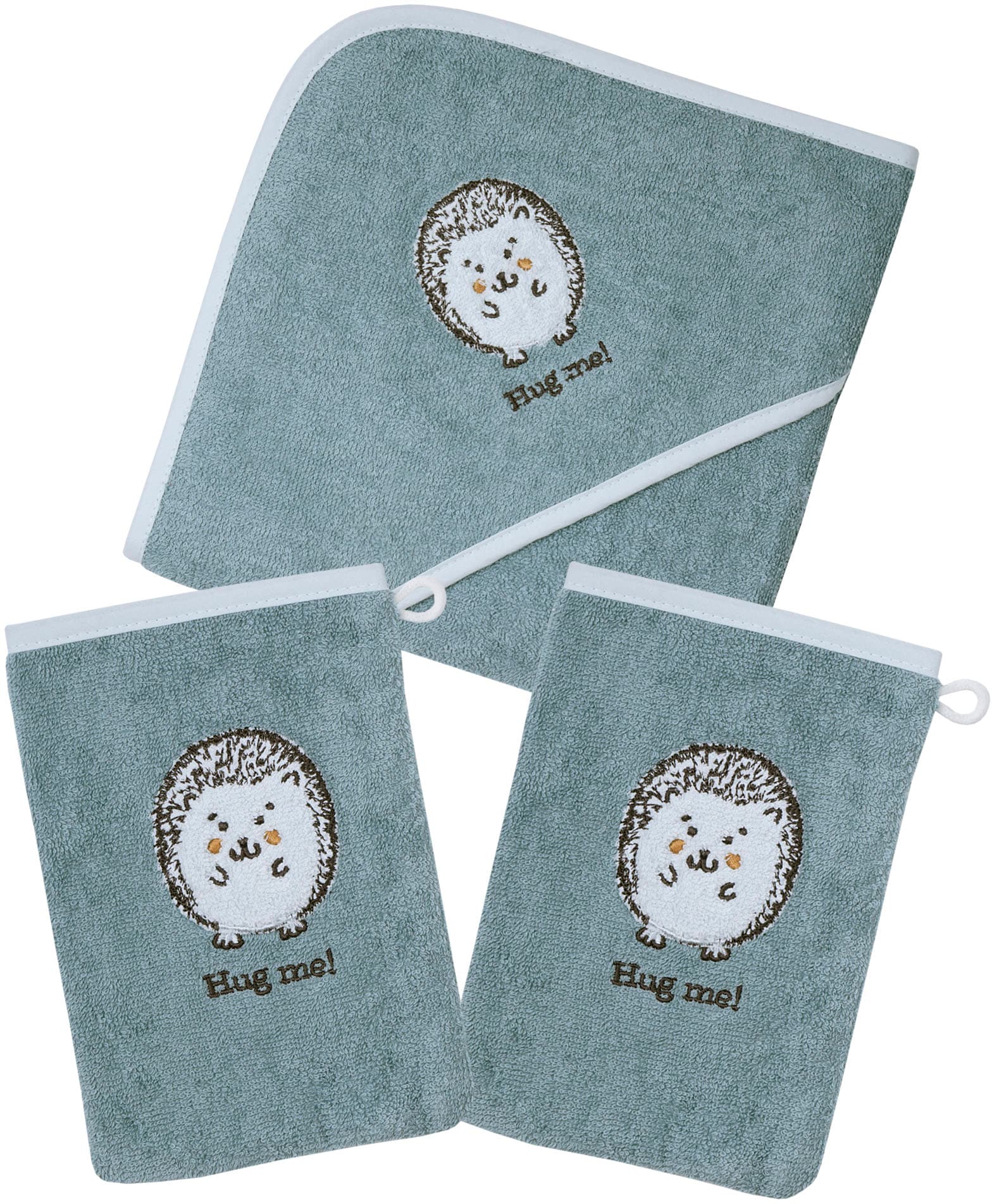 Image of Wörner Handtuch Set "Igel blau Kapuzenbadetuch mit 2 Waschhandschuhen" mit süsser Igelstickerei