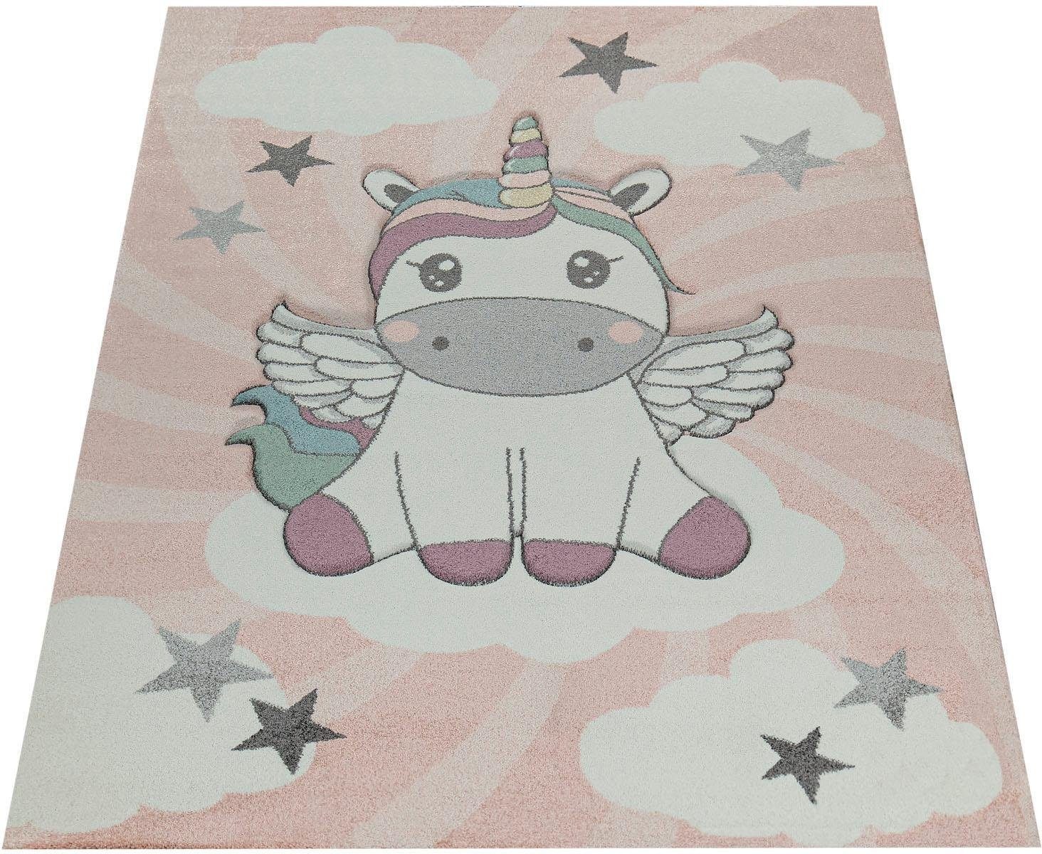 Image of Paco Home Kinderteppich »Cosmo 395«, rechteckig, 12 mm Höhe, 3D-Design, niedliches Einhorn Motiv, Pastell-Farben, Kinderzimmer bei Ackermann Versand Schweiz