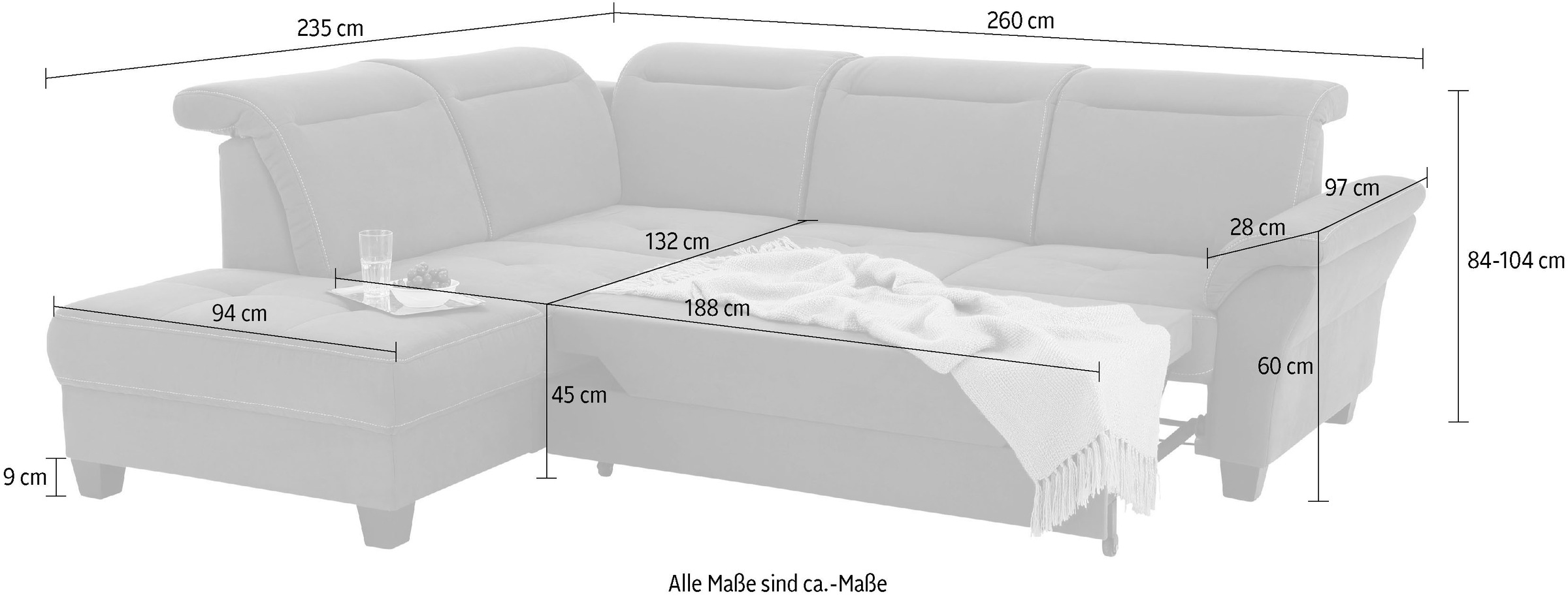 Home affaire Ecksofa »Solvei L-Form«, wahlweise auch mit Kopfteilverstellung und Bettfunktion, Federkern