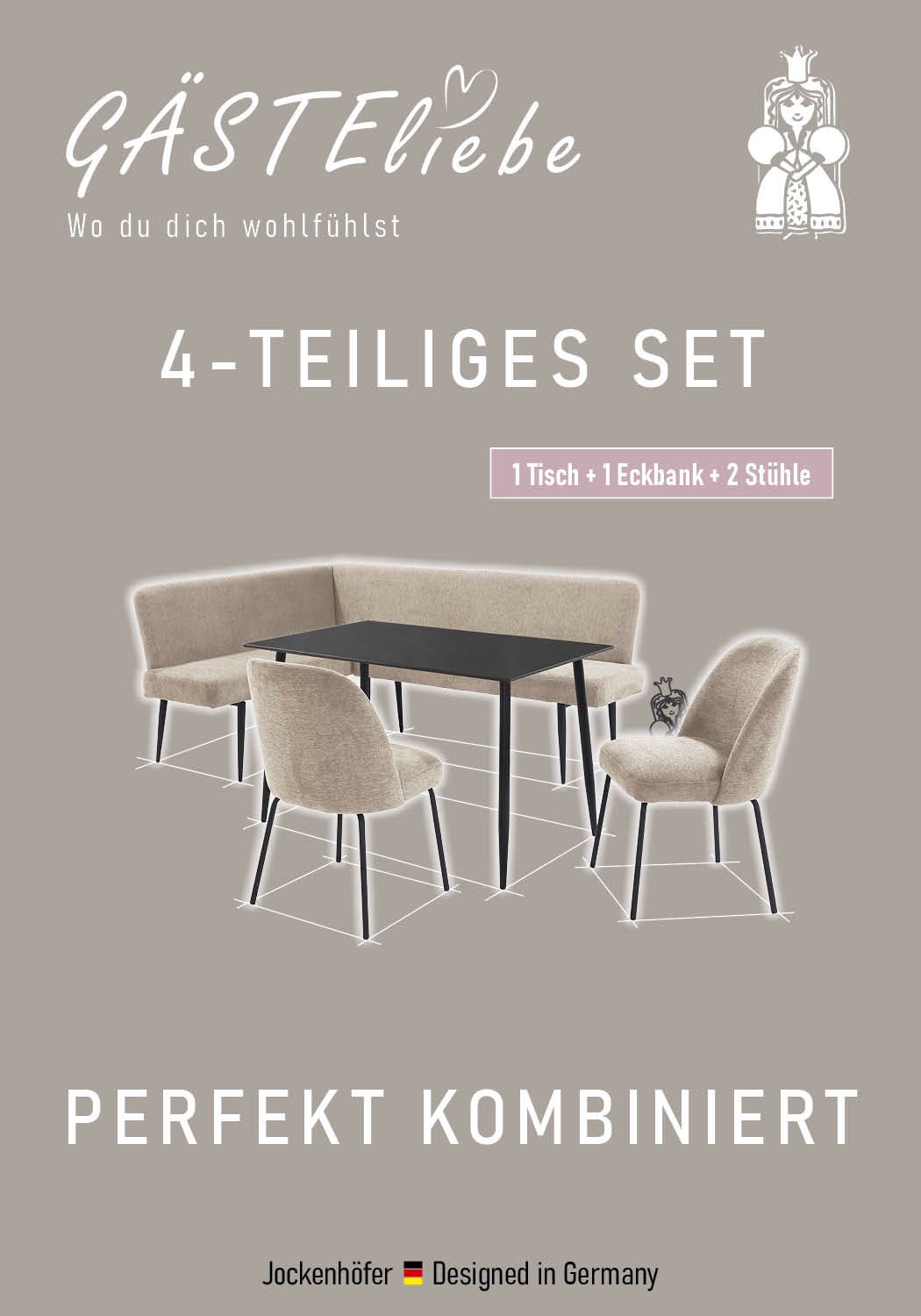 Jockenhöfer Gruppe Ensemble de bancs d'angle »Melvin (Set, 4-tlg. Tisch, Bank und 2 Stühle), Taschenfederkern« Ensemble,  Table (120x75cm) noire, banc et chaises anthracite ou beige