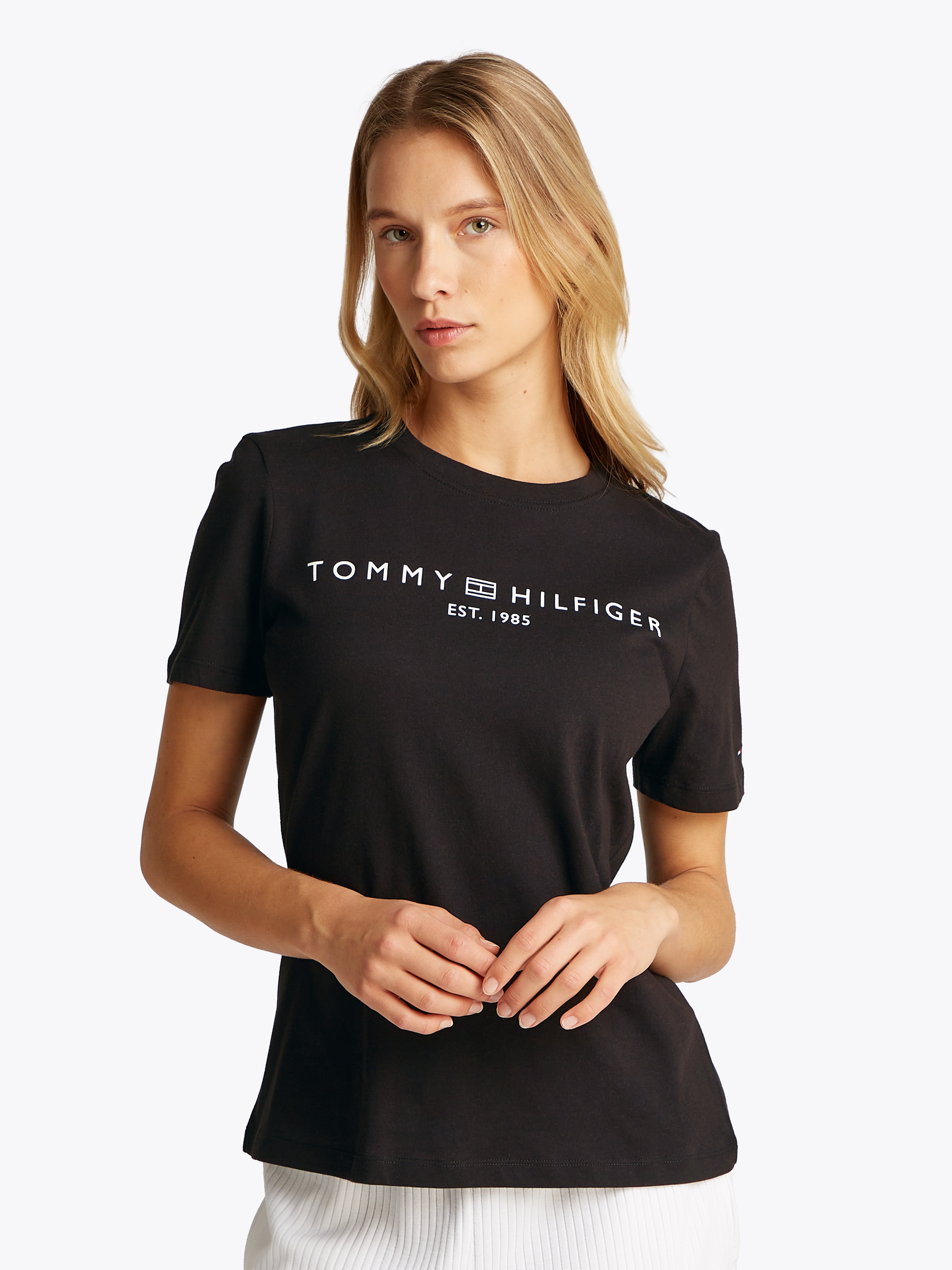 Tommy Hilfiger T-Shirt »REG CORP LOGO C-NK mit Logoschriftzug und Stickerei«, meliert, casual, regular fit, Baumwolle, Rundhals