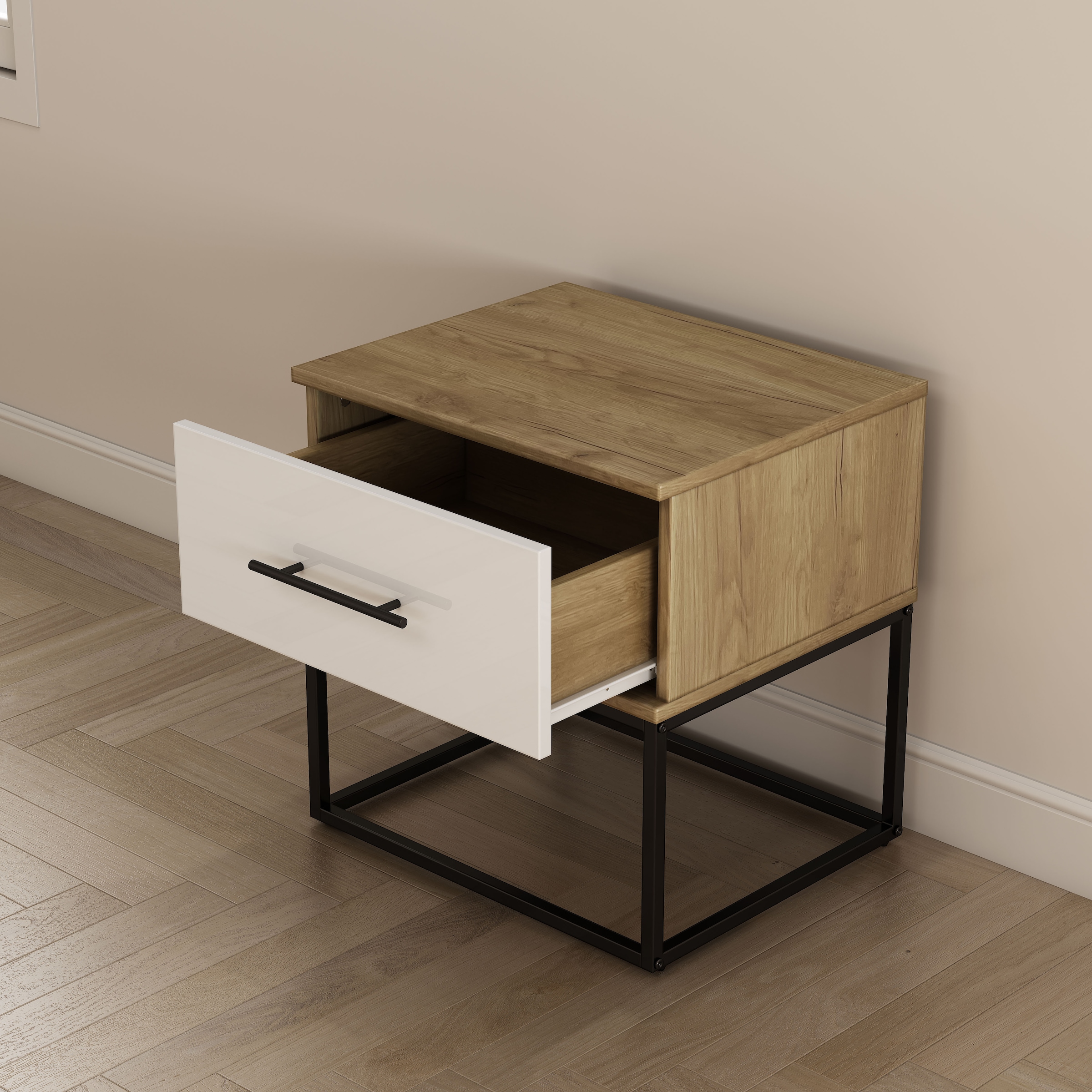 GOODproduct Nachtkommode »Lucca Nachttisch Set mit Metallkufen und schwarzen Griffen« Set, 2 Schränke im Set , Hochglanz Fronten in weiss,  Nchttisch Set mit je einer Schublade in Loft Design