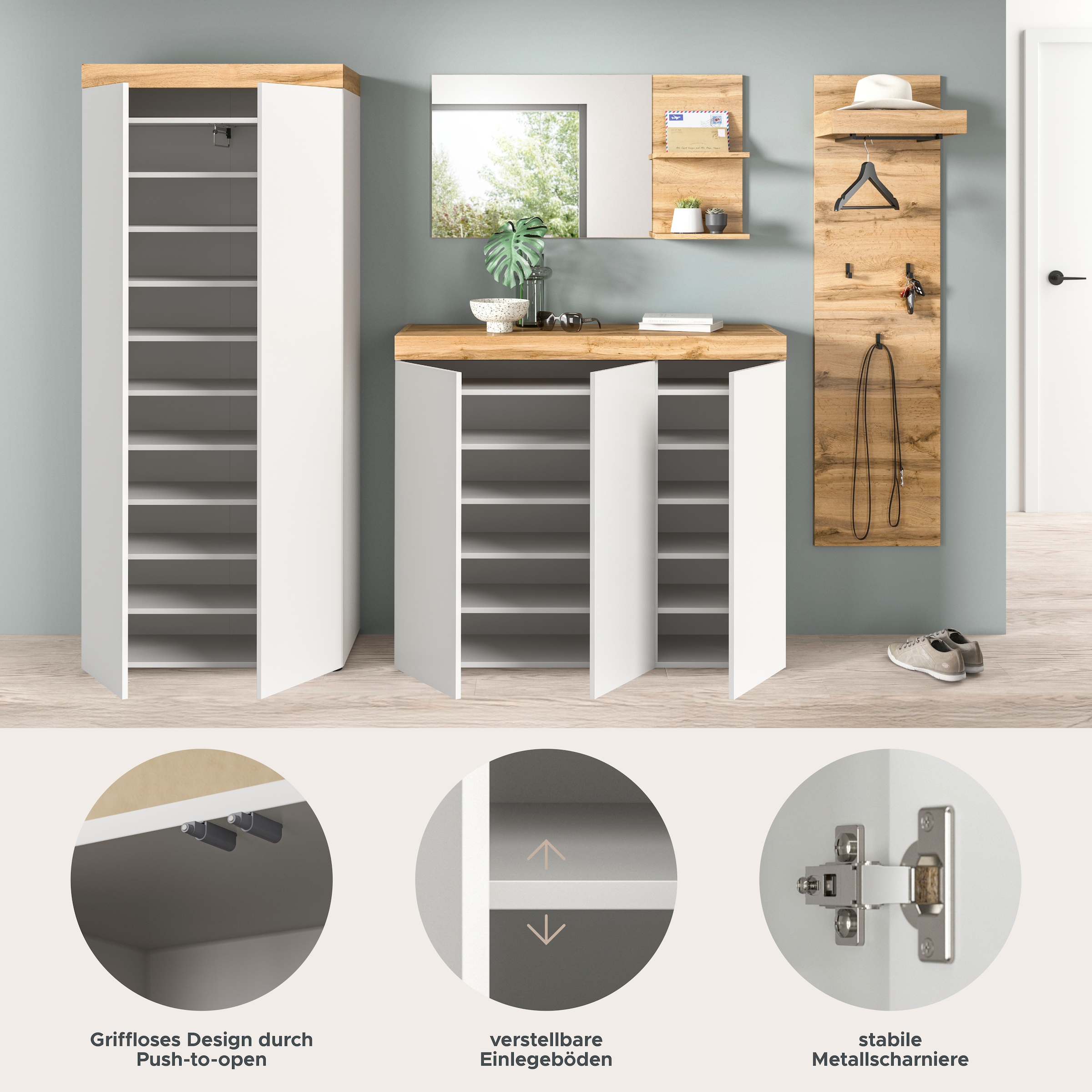 GOODproduct Garderoben-Set »MAMBO, 4-teilige Kombination, stehend & hängend montierbar« bestehend aus: Garderobenschrank, Kommode, Spiegel, Garderobenpaneel, 4 Stk. tlg.