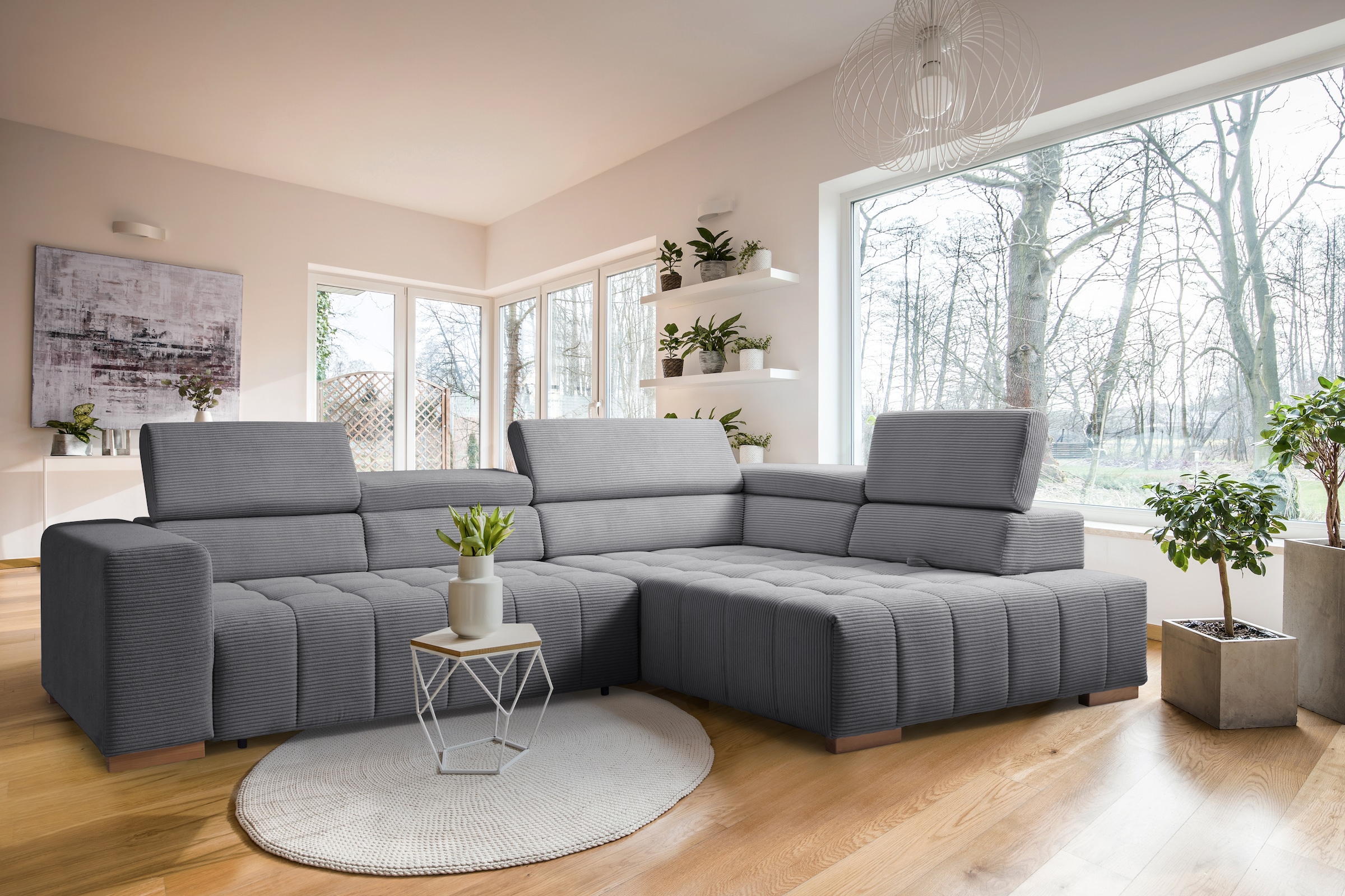 Image of exxpo - sofa fashion Ecksofa "Elianos, hoher Sitzkomfort, aufwendige Kreuzsteppung im Sitz, L-Form" Kopfteile & Sitztiefe verstellbar, ohne Bettfunktion, Cord, grey