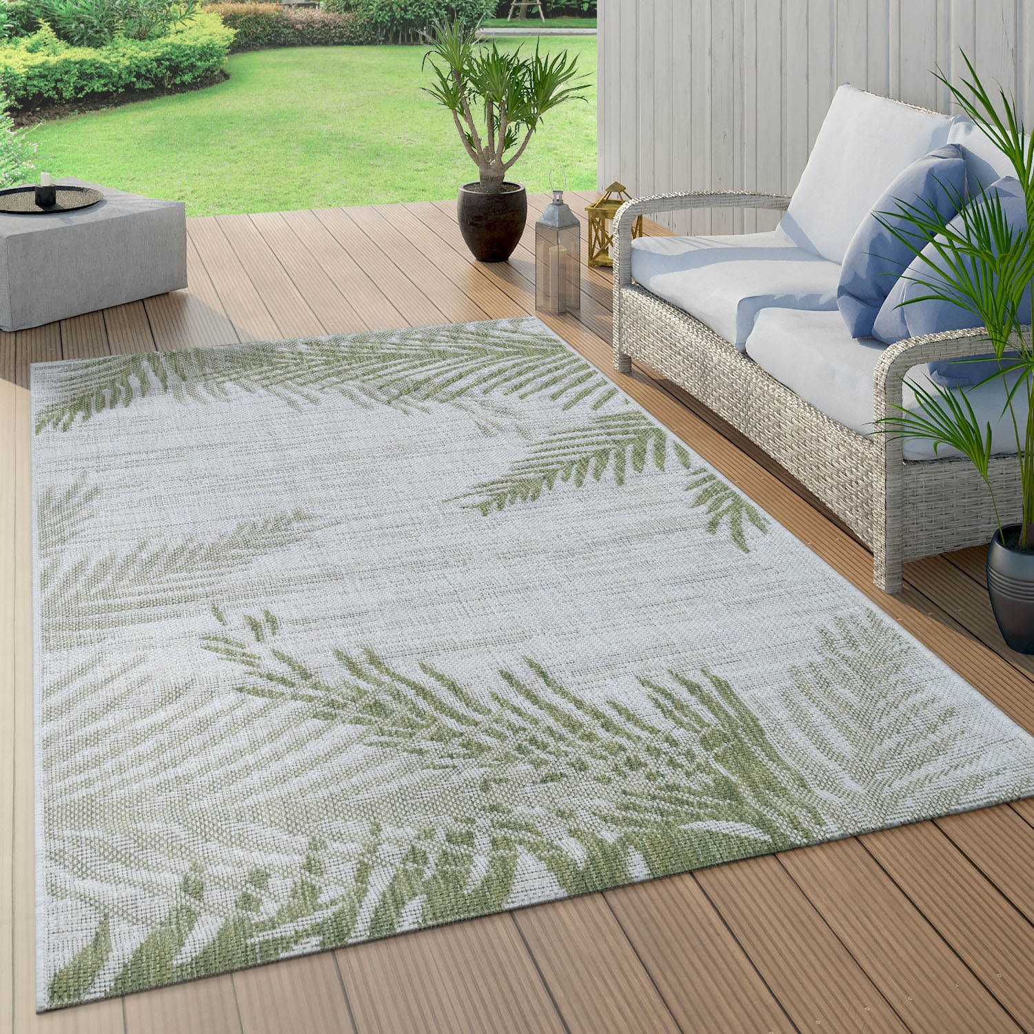 Paco Home Teppich »Kuba 126«, rechteckig, 4 mm Höhe, Flachgewebe, Motiv Blätter, In- und Outdoor geeignet, Wohnzimmer