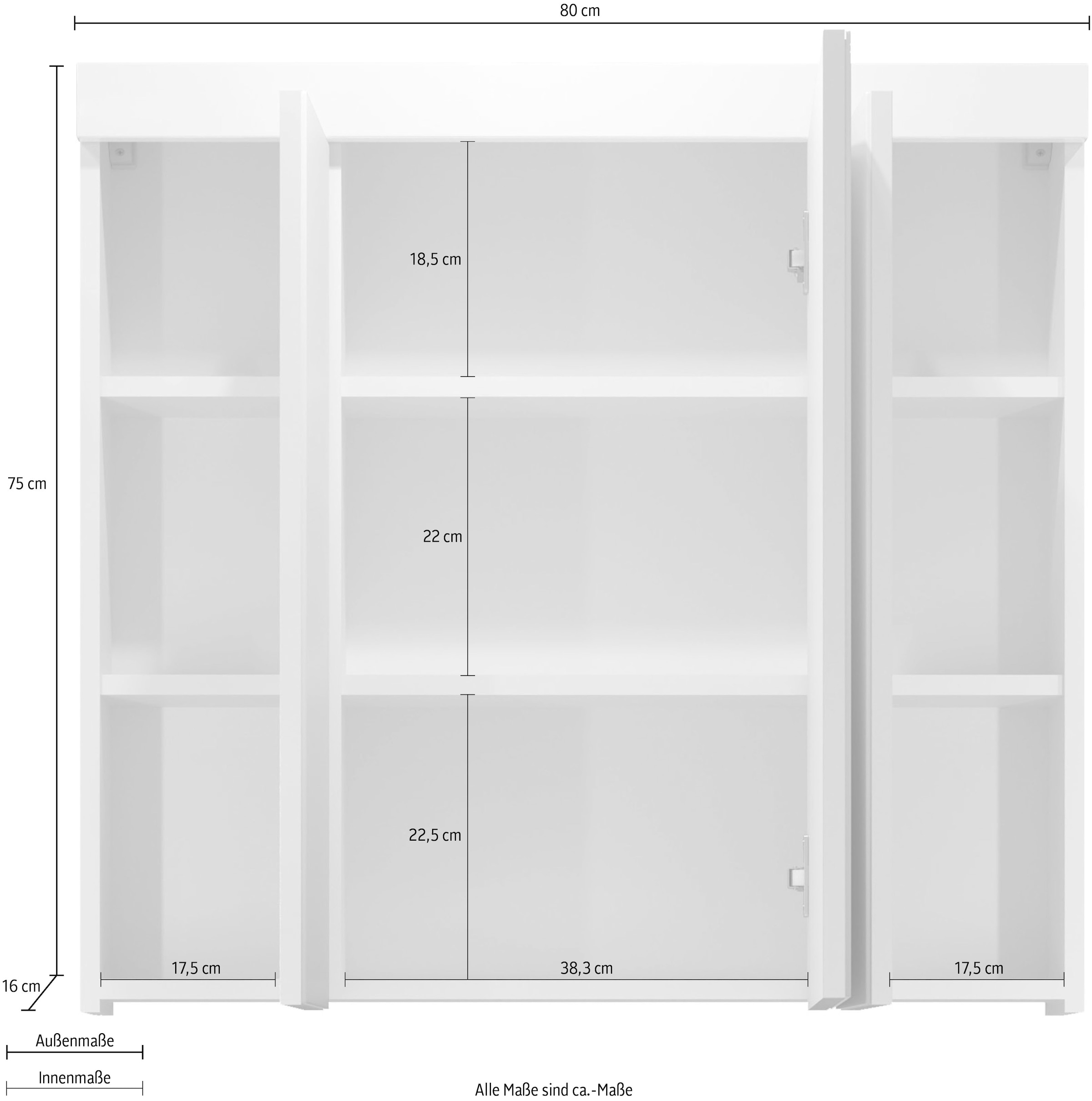welltime Spiegelschrank »Dormoletto«, Badspiegel in Weiss mit 9 Fächern - Masse (B/T/H) 80/16/75 cm