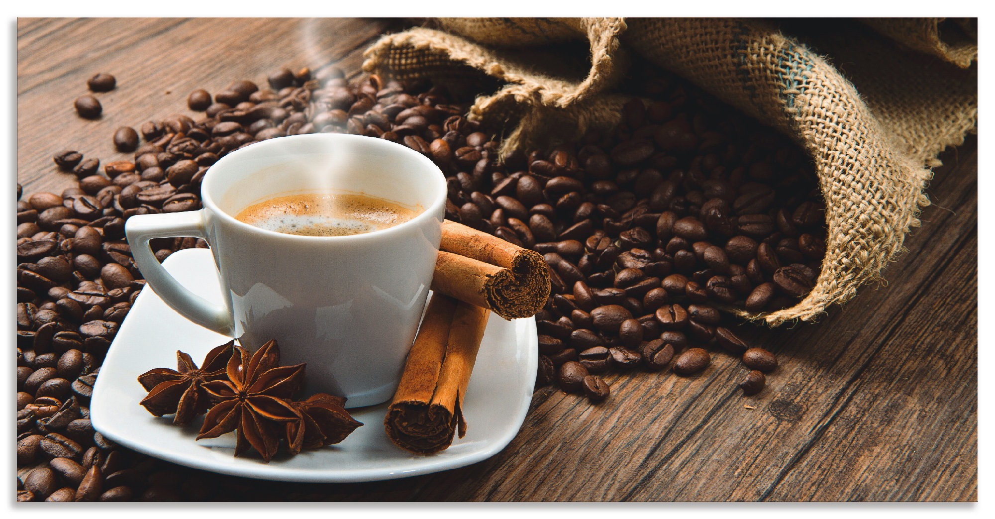 Image of Artland Küchenrückwand »Kaffeetasse Leinensack mit Kaffeebohnen«, (1 tlg.), selbstklebend in vielen Grössen - Spritzschutz Küche hinter Herd u. Spüle als Wandschutz vor Fett, Wasser u. Schmutz - Rückwand, Wandverkleidung aus Alu bei Ackermann Versand Schw