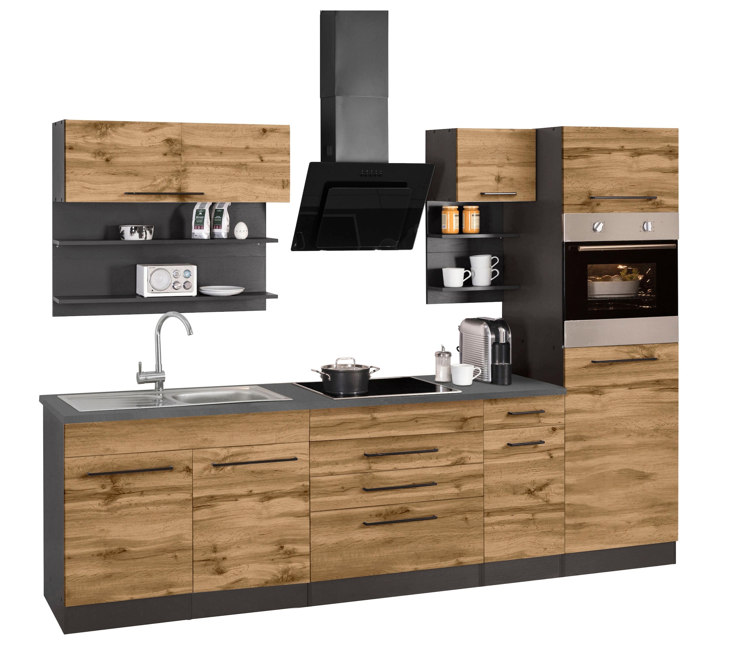 KOCHSTATION Kitchenette »KS-Tulsa« sans appareils électriques, largeur 290 cm, poignées métalliques noires, façades MDF