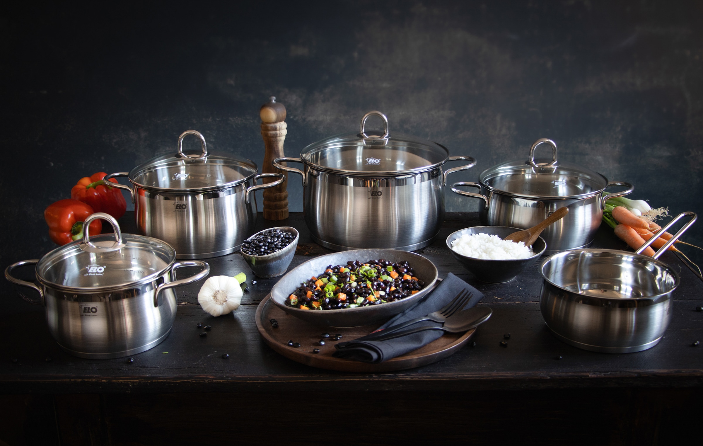 Elo Set de casseroles »Platin« Ensemble, 1 Bratentopf 20 cm, je 1 Fleischtopf 16/20/24 cm, 1 Kasserolle 16 cm, 9 cuis tlg. Acier inoxydable 18/10