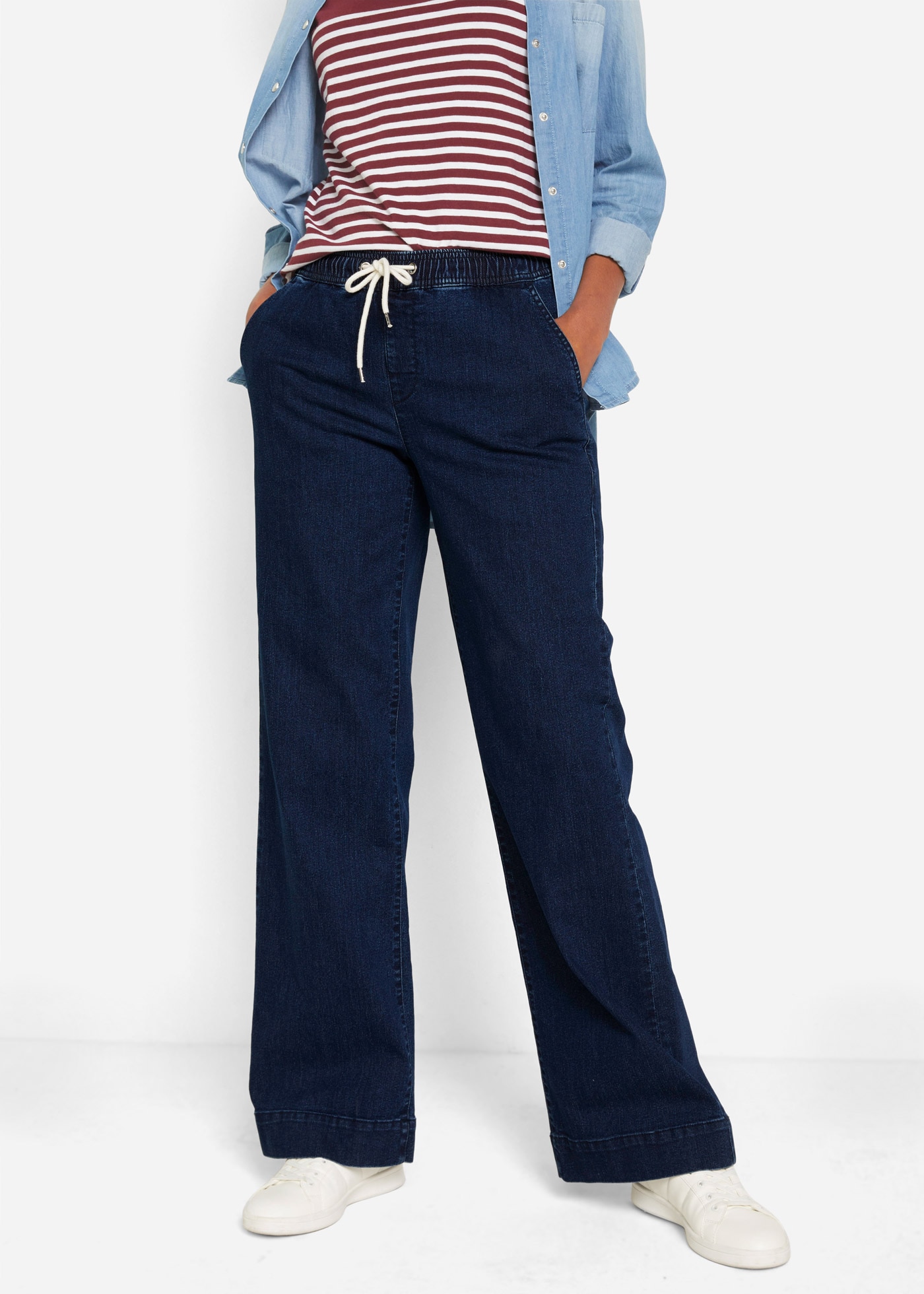 Image of bonprix Weite Jeans "Wide Leg Jeans Mid Waist, Stretch" Loose Fit Passform, mit elastischem Bund und Tunnelzug