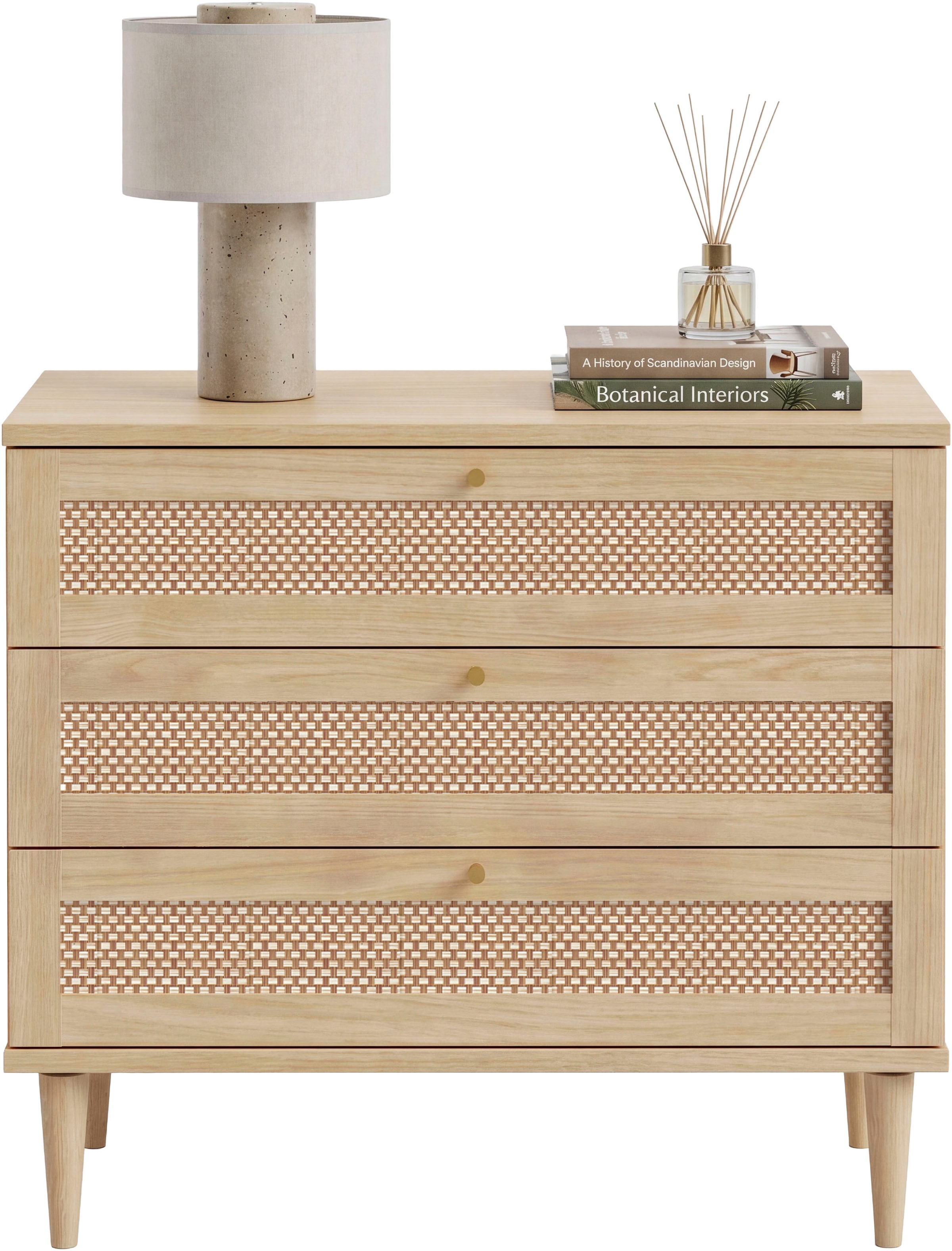 GOODproduct Kommode »ELLIAN mit Geflechtoptik warmes Holzdekor, 3 Schubkästen« Holzfüsse, Metallgriffe, Made in EU, viel Stauraum