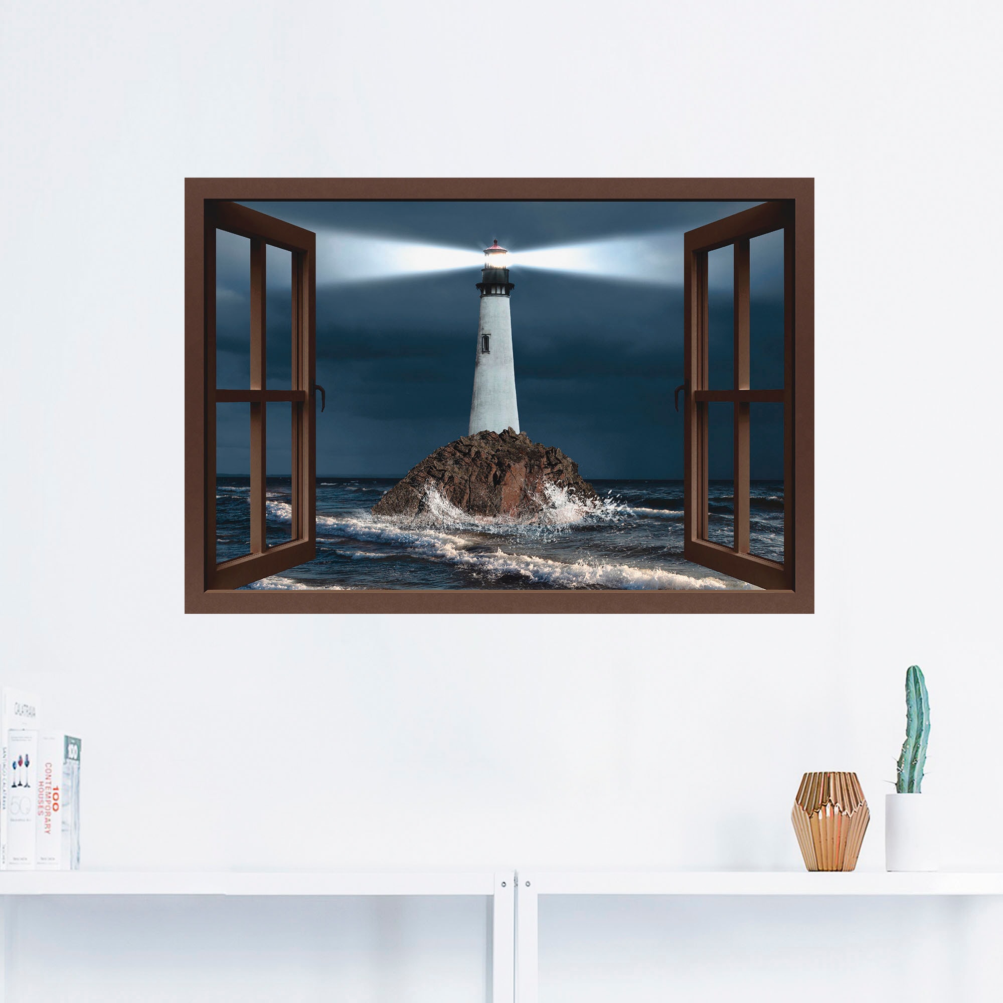 Artland Wandbild »Fensterblick Leuchtturm mit Lichtstrahl«, Gebäude, (1 St.), als Leinwandbild, Wandaufkleber in verschied. Grössen