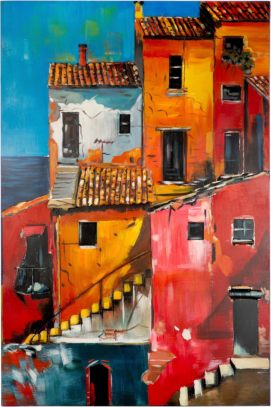 Image of Casablanca by Gilde Metallbild "Bild rechteckig Vernazza orange, rot" Stadt 1 Stk. tlg. Stadtansicht mediterrane Haus Küstenort Italienbild Urlaubserinnerung