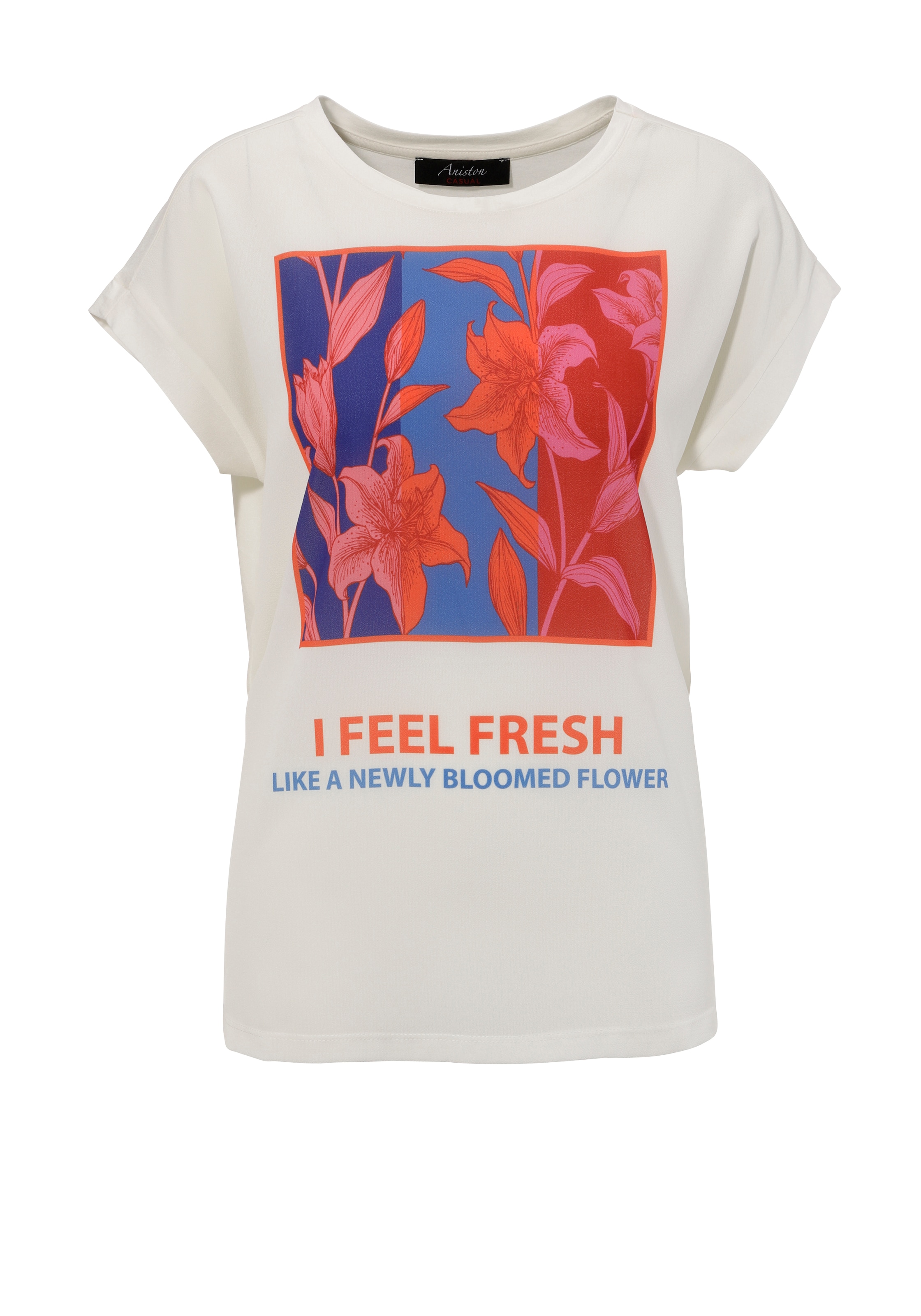 Aniston CASUAL Shirtbluse, mit kunstvollen Blumendruck und Statement-Schriftzug