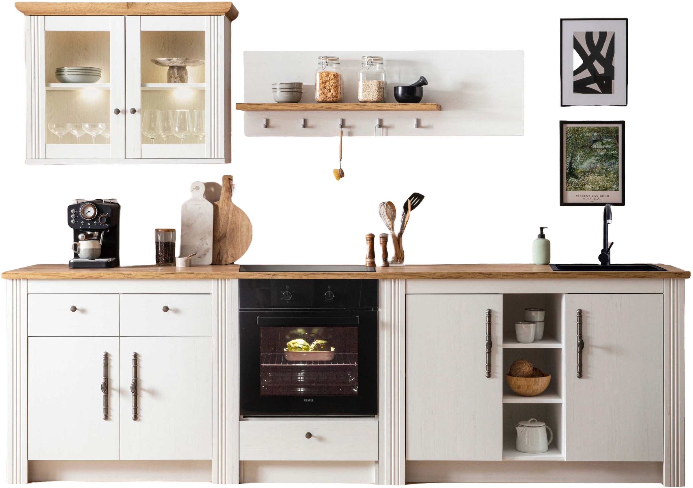 GOODproduct Kitchenette »KS-Westminster, Pantryküche im Landhaus Stil, hochwertige Metallgriffe« Set,  Breite 294 cm, Kommoden, Wandpaneel, Hängeschrank, Herdumbau