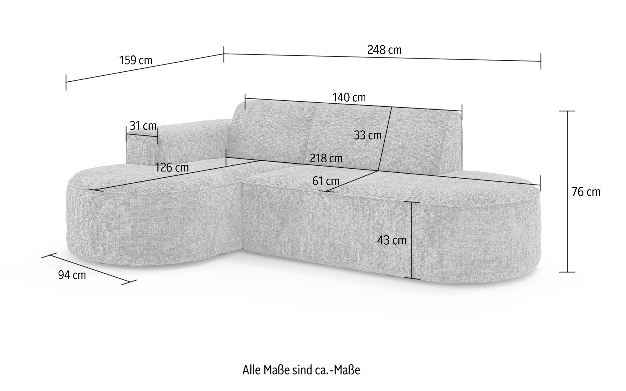 GOODproduct Ecksofa »ADELLA Design-Sofa mit Recamiere rechts/links, 248/159/76 cm« L-Form mit Wellenunterfederung, runde Form, auch in Cord