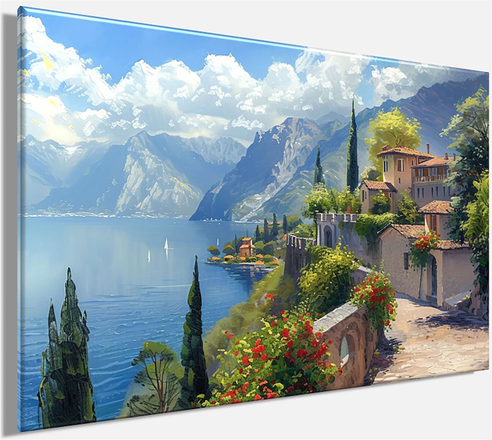 Bönninghoff Tableau sur toile »Wandbild STADT AM BERGSEE 60x90 cm – Leinwandbild Keilrahmen Deko« Bâtiments | Images marines | Italie | Mer | Montagnes | Nature | Paysage 1 cuis tlg. tendu sur châssis