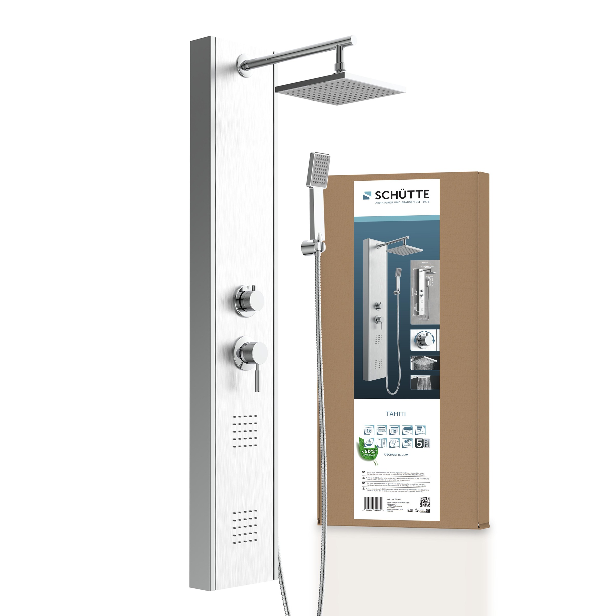 Image of Schütte Duschsäule "TAHITI" 2 Massage-Düsen, Antikalk-Noppen, Edelstahl, Wellness-Kopfbrause
