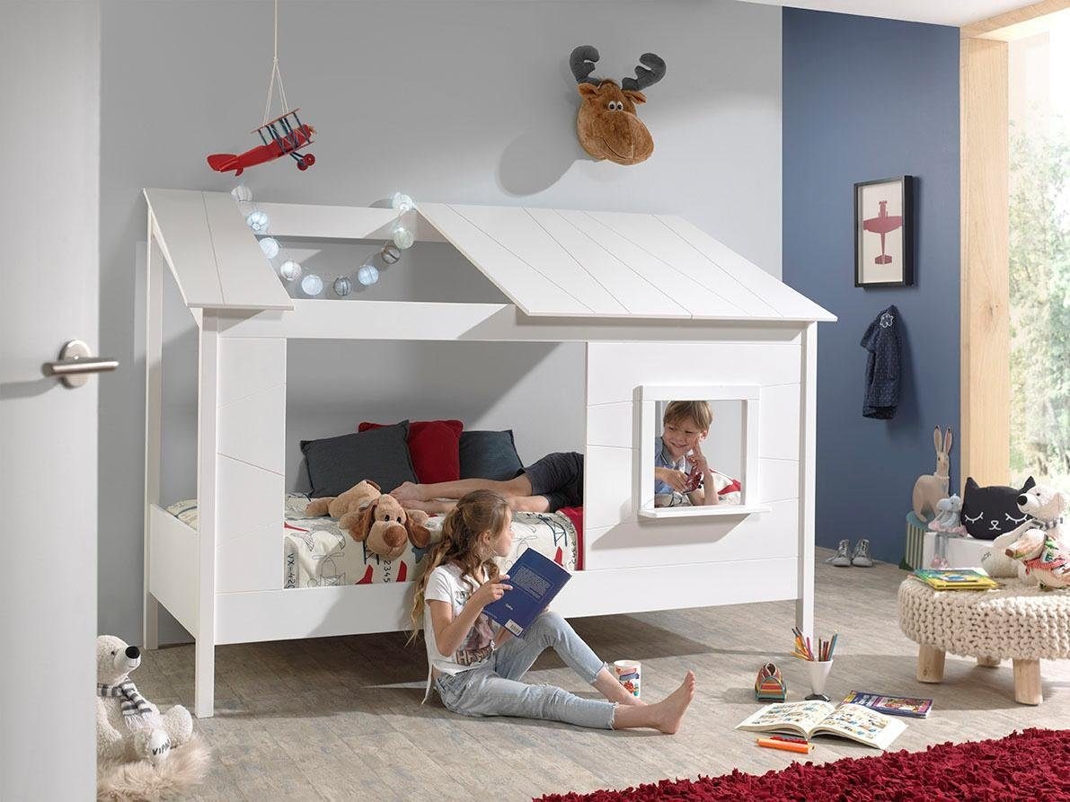 Vipack Kinderbett »Hausbett, aus MDF und Massivholz weiss lackiert, inkl. Fenster vorne« B/H/T ca. 214x158,5x105cm, seitl. und hinten offen,  wahlweise mit oder ohne Bettschublade auf Rollen
