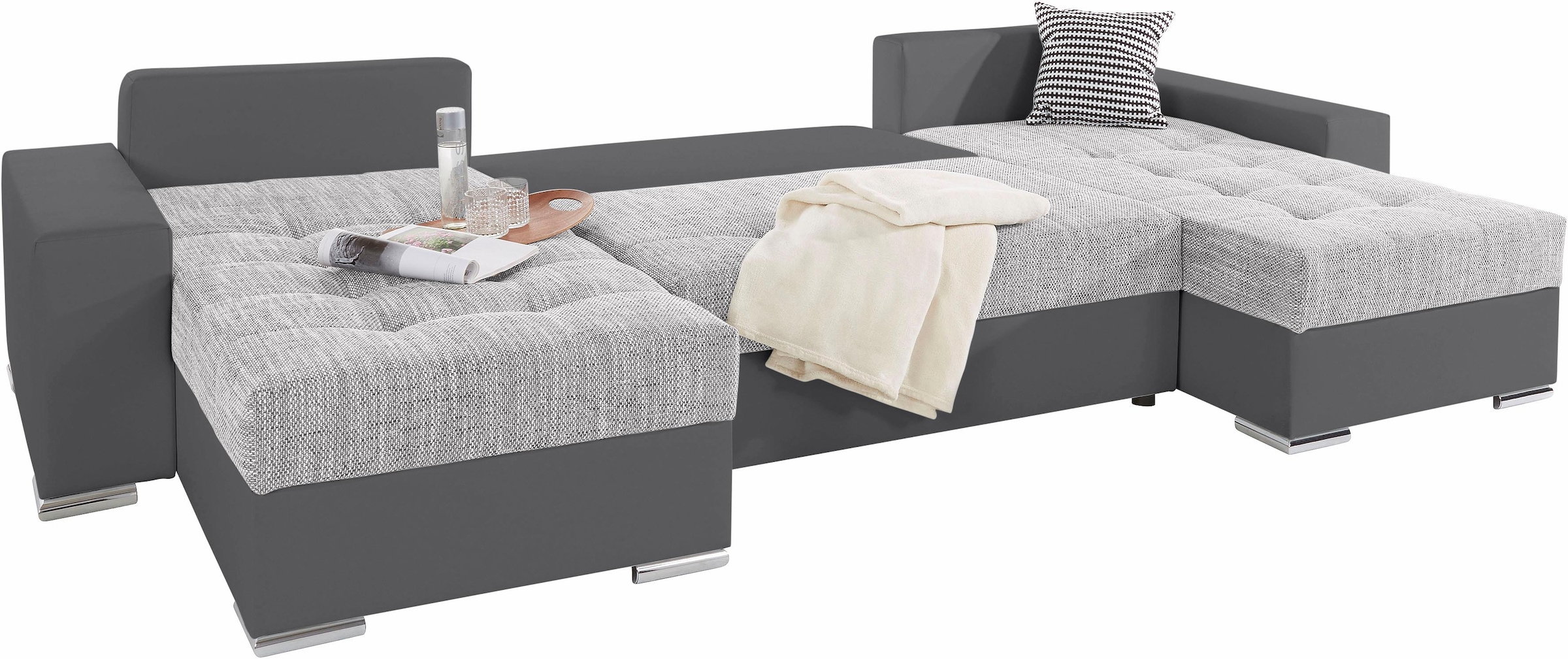 COLLECTION AB Wohnlandschaft »XL-Josy U-Form, Breite 313 cm, Kunstleder-Mix, Microfaser«, inkl. Bettfunktion, Bettkasten, mit 4 gleich grossen Rückenkissen