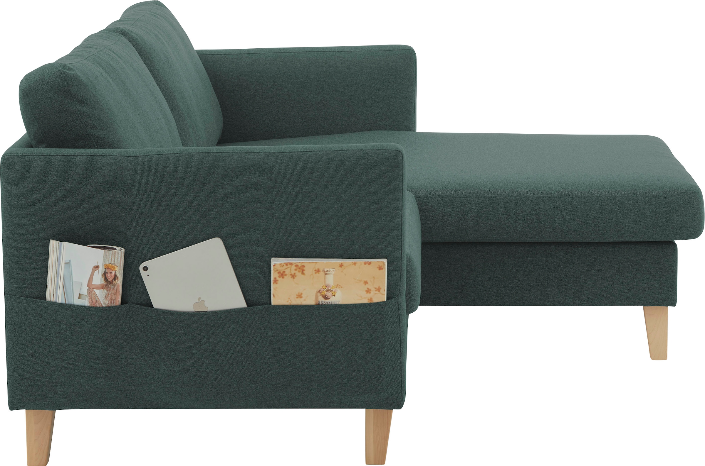 ATLANTIC home collection Ecksofa »Mailo L-Form«, mit Seitentaschen, Recamiere beidseitig montierbar, Massivholzfüsse