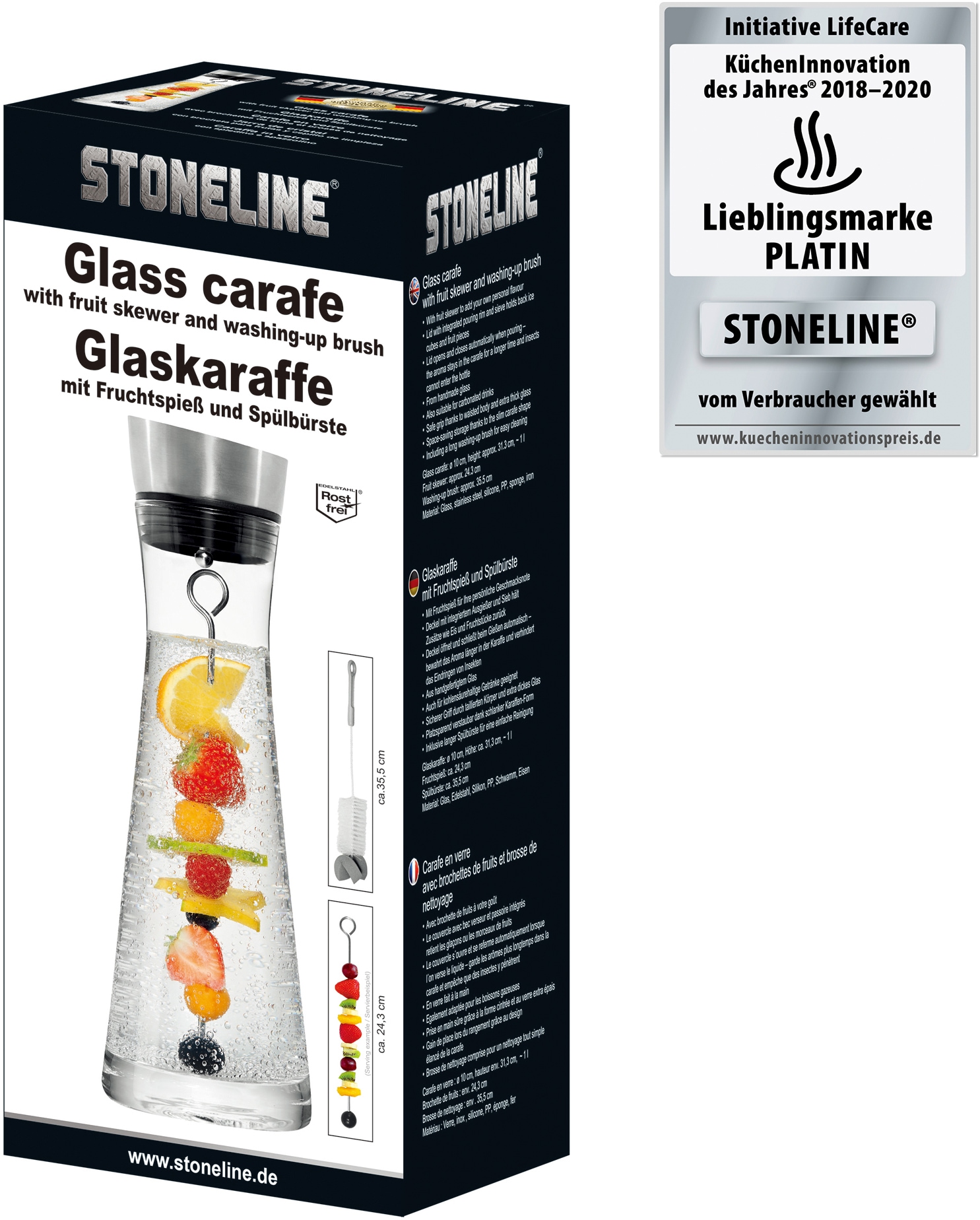 STONELINE Wasserkaraffe, mit Fruchtspiess und Reinigungsbürste, 1 Liter