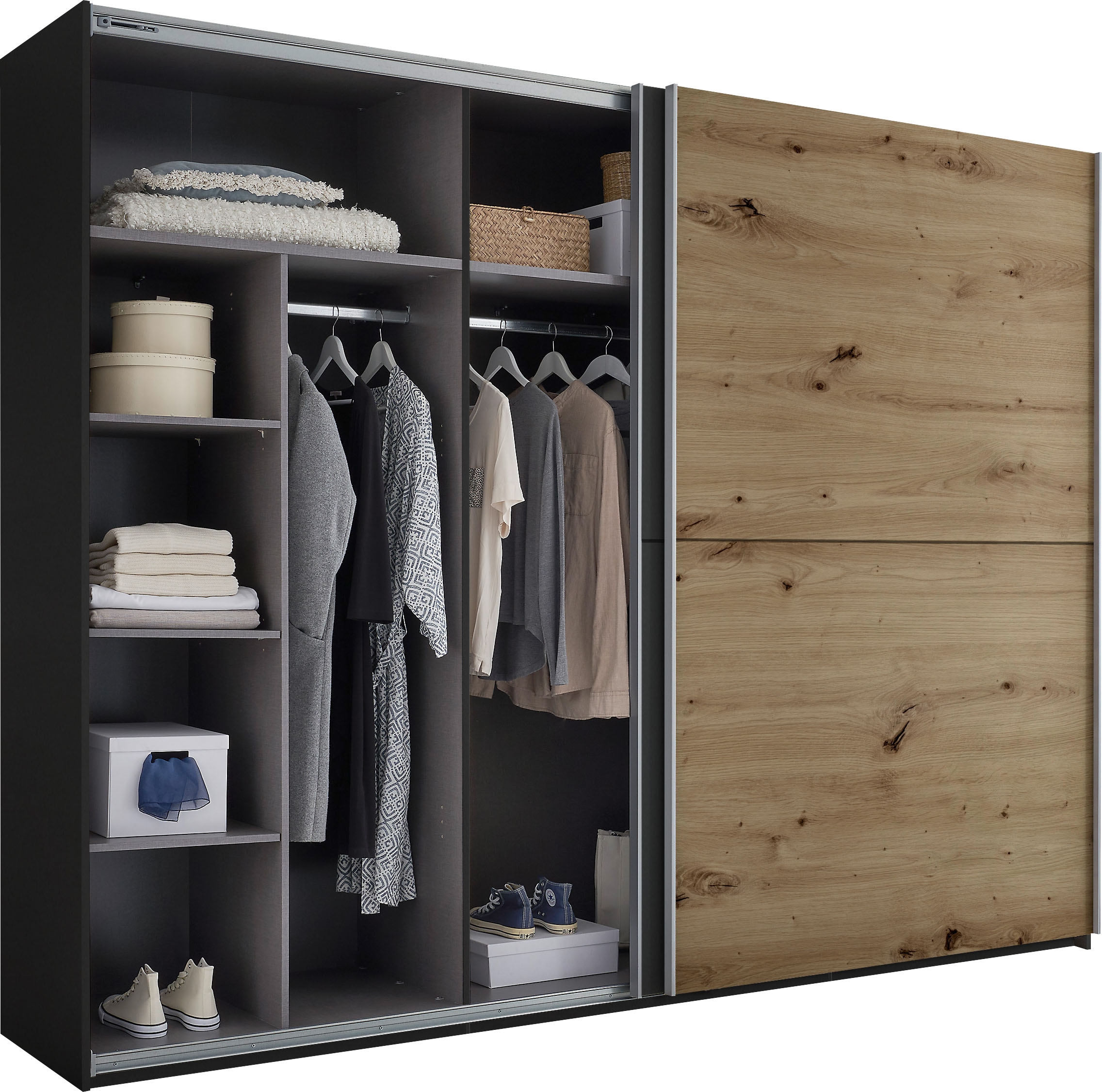 Schlafkontor Schwebetürenschrank »Mesio, 2-türiger Kleiderschrank, Schiebetürenschrank mit viel Stauraum«, inklusive Hoteleinteilungen aussen und Einlegeböden oben