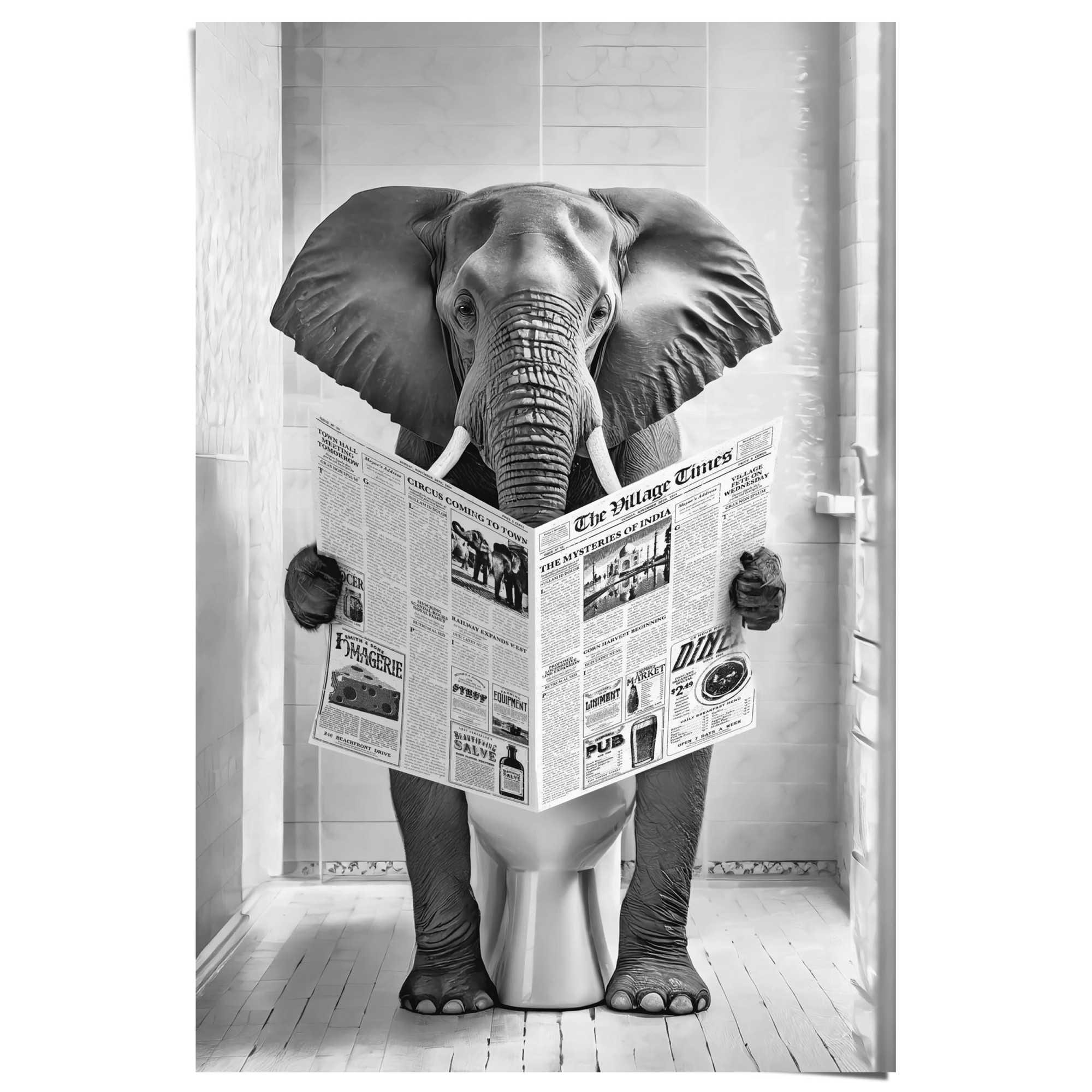 Image of Reinders Poster "Elefant auf der Toilette" Toilette - Schwarz-Weiss - 150 gr. Papier - Tiere - 61x91,5 cm