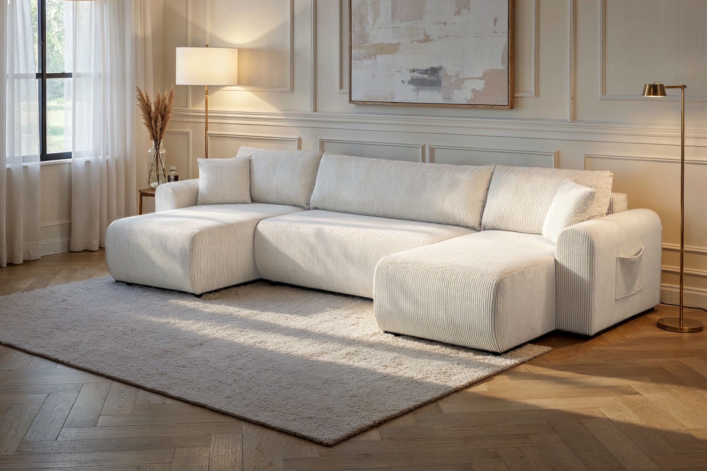 GOODproduct Paysage de salon »JONAA, 311 cm, U-Form, Schlafsofa, Boxspringfederung, Cord u. Struktur« 133/270cm, Bettkasten, Seitentaschen, Cord und Struktur