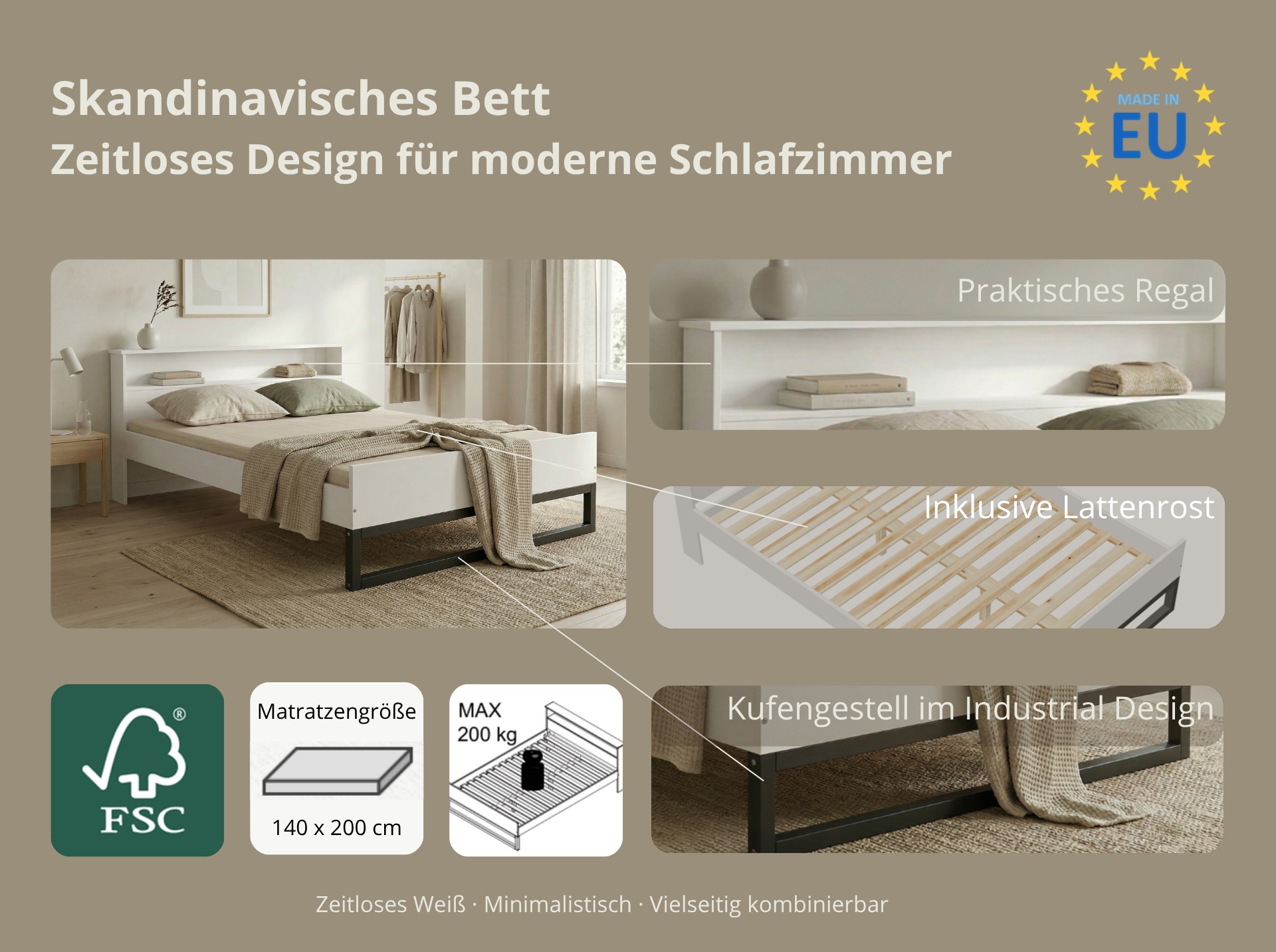 GOODproduct Massivholzbett »Pannor, Industrial Design, mit Regal, Lattenrost inklusive« Liegefläche Breite 140 oder 180cm,  Kufengestell, bis 200 kg belastbar, FSC-zertifiziert, Made in EU