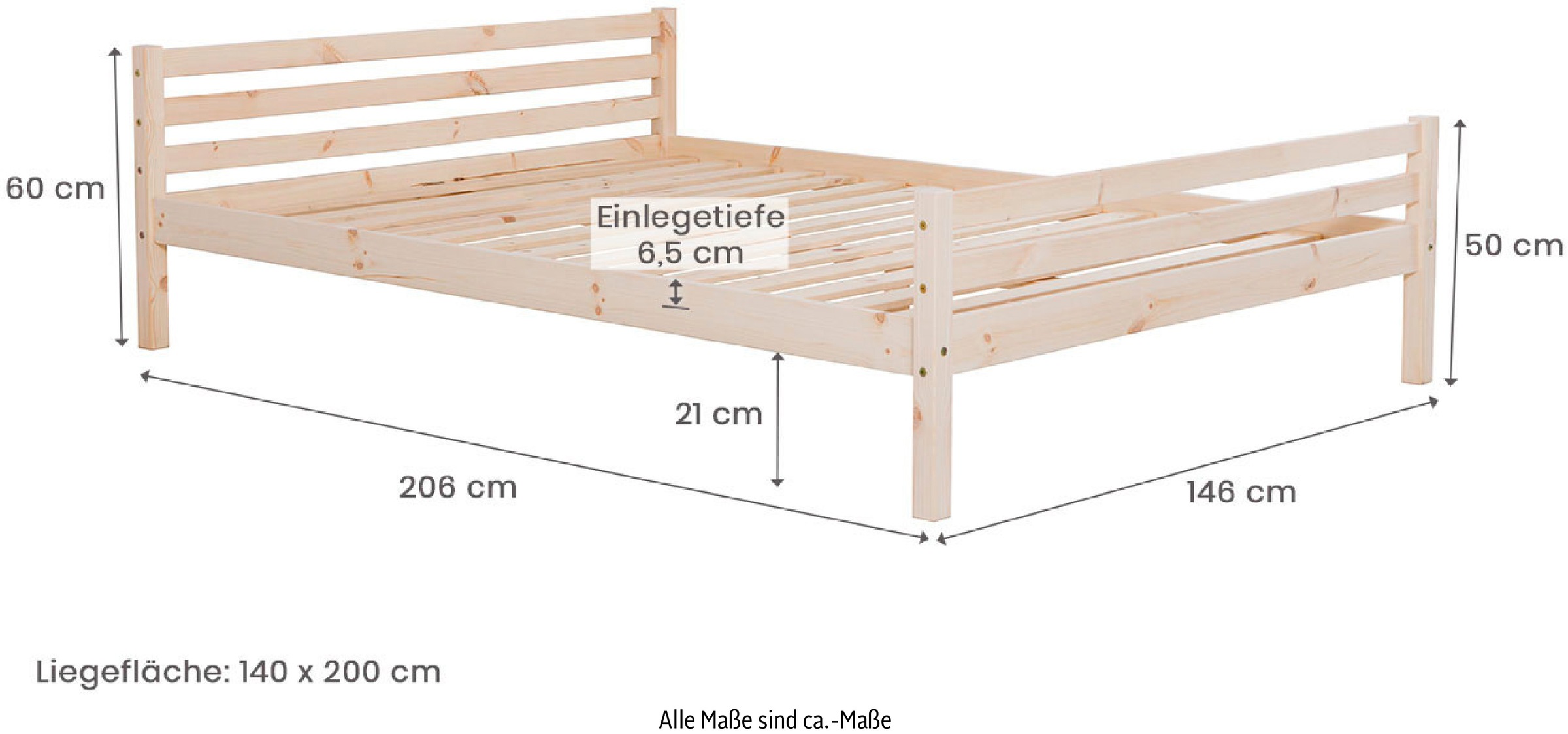Ticaa Jugendbett, Futonbett in diversen Breiten, Kiefer, mit Rollrost