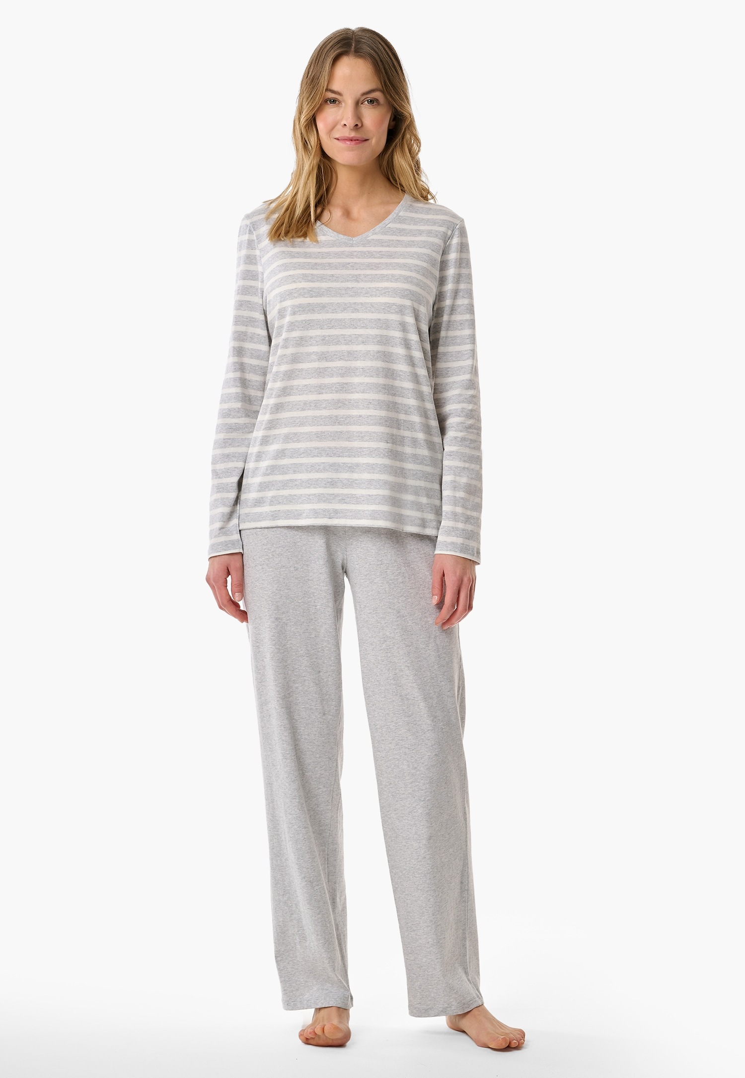 Image of Schiesser Schlafanzug "Casual Essentials" 2 Baumwolle, V-Ausschnitt, langärmelig
