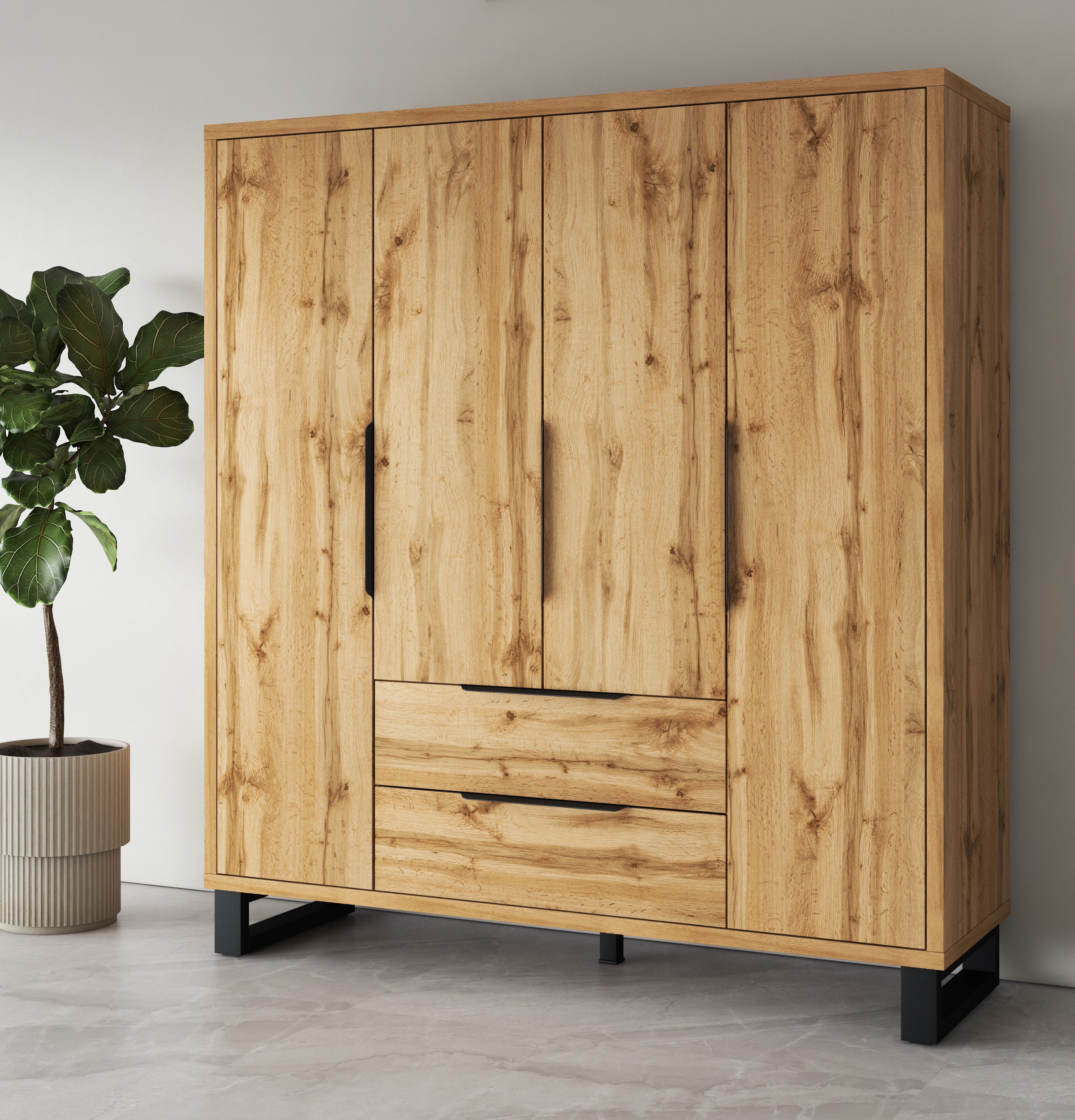Image of Home affaire Drehtürenschrank "Bronne,Breite 191 cm, Kleiderschrank inclusive Innenausstattung" Kleiderschrank, 2 Schubkästen, Metallgriffe, Garderobe